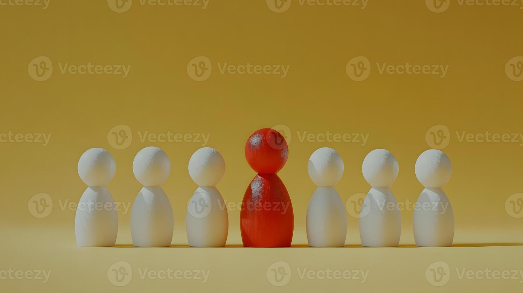Minimalist wooden figures stand in row formation, featuring distinctive red figure among white ones against pale yellow background, illustrating leadership concept. outstanding photo