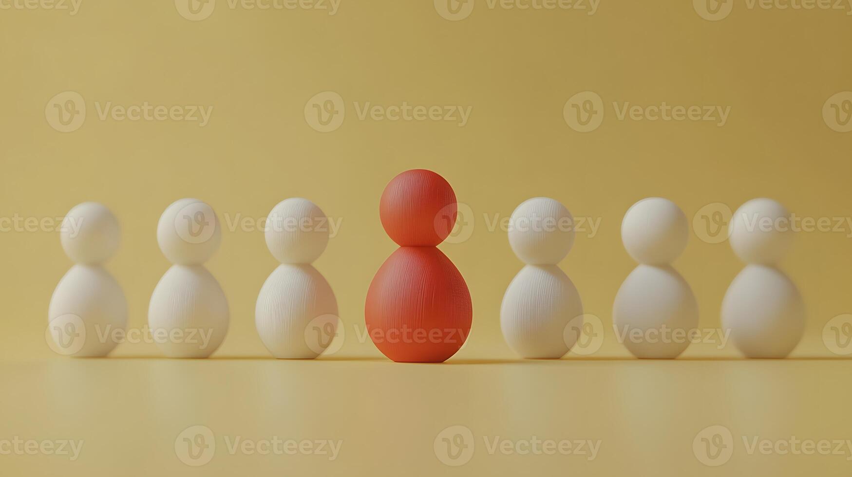 Minimalist wooden figures stand in row formation, featuring distinctive red figure among white ones against pale yellow background, illustrating leadership concept. demonstrative photo