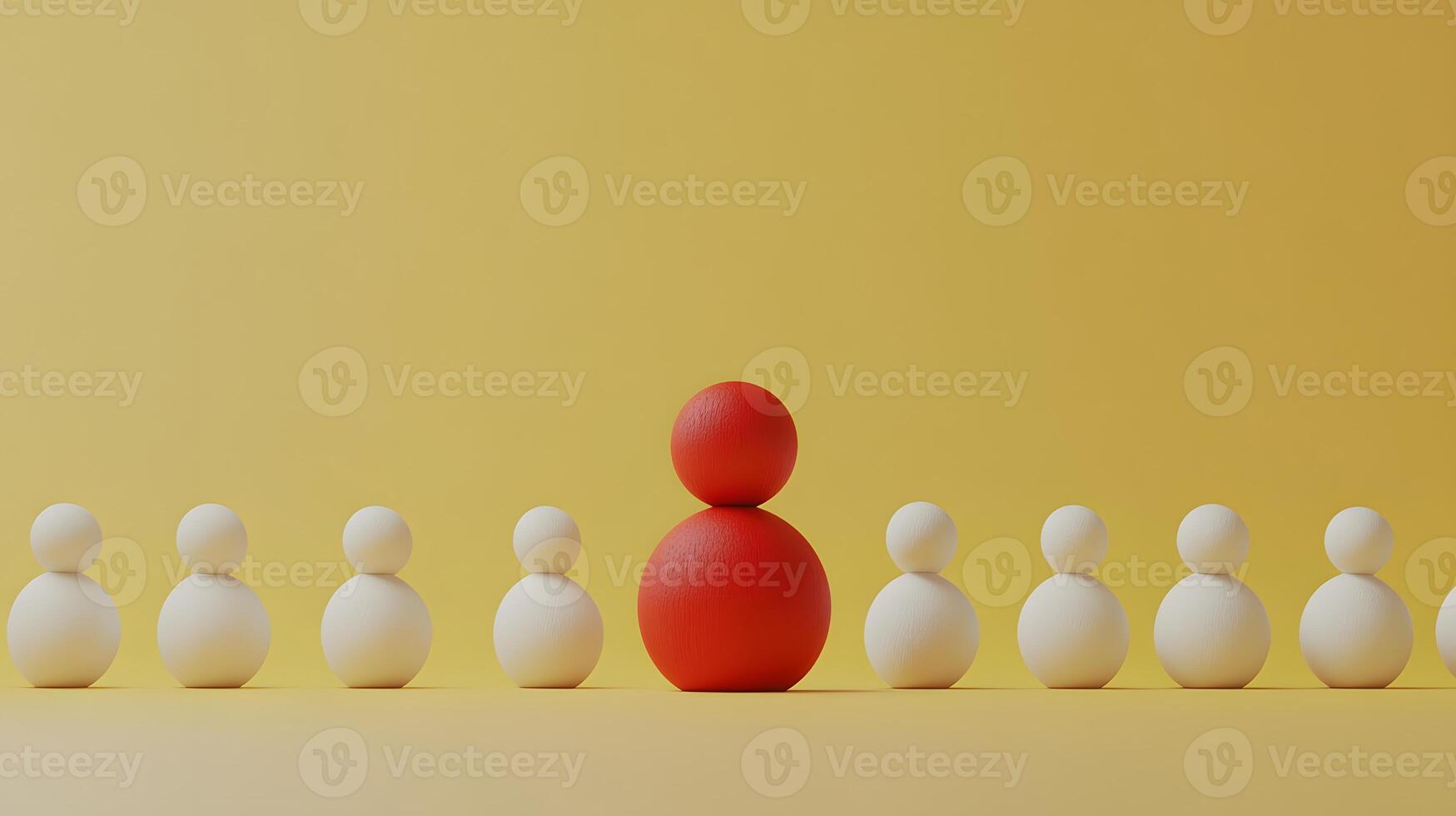 Minimalist wooden figures stand in row formation, featuring distinctive red figure among white ones against pale yellow background, illustrating leadership concept. exemplary photo