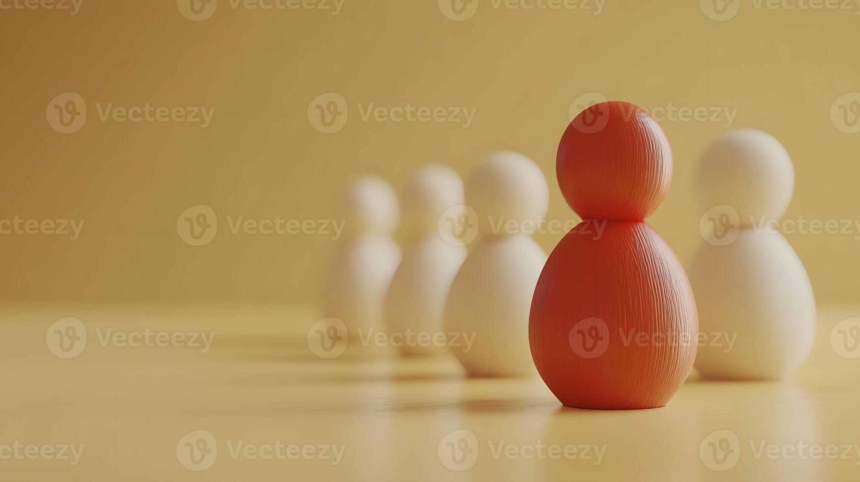 Minimalist wooden figures stand in row formation, featuring distinctive red figure among white ones against pale yellow background, illustrating leadership concept. prominent photo