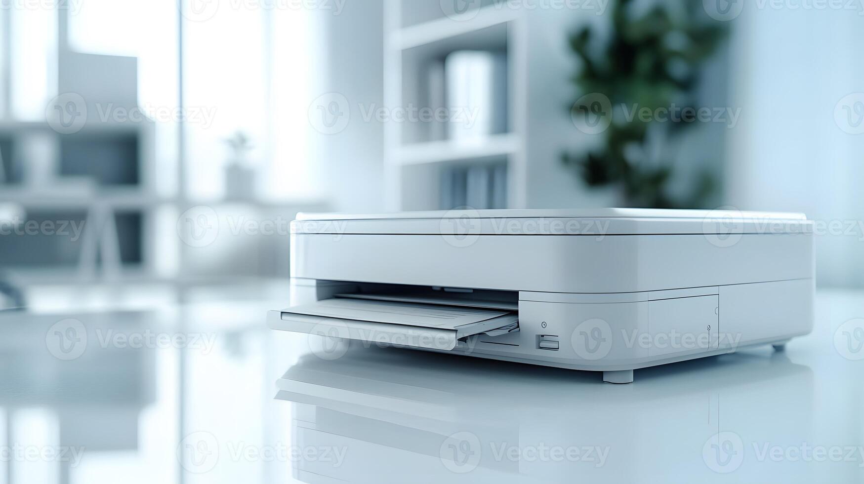 Modern office printer features paper tray and scanner functionality in clean white workspace, highlighting minimalist design in corporate environment. office photo