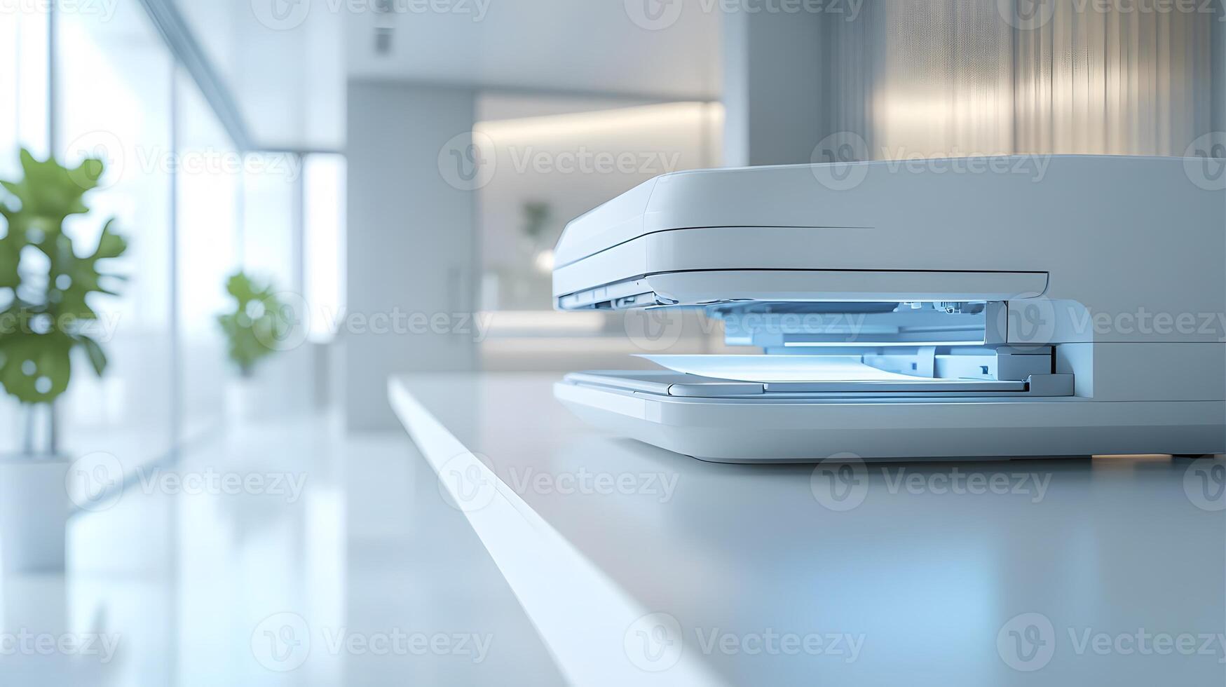 Modern office printer features paper tray and scanner functionality in clean white workspace, highlighting minimalist design in corporate environment. scanner photo