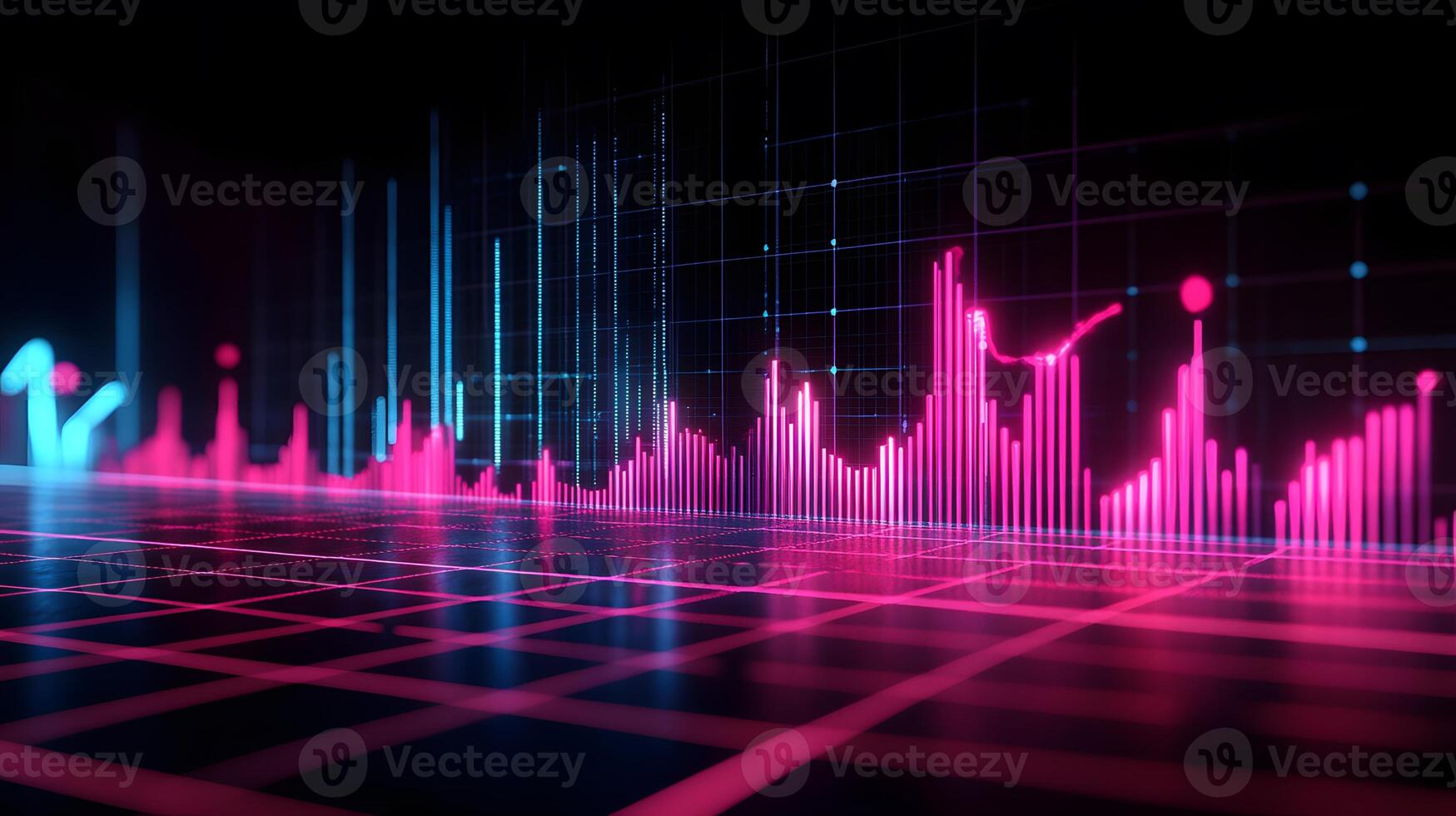 Neon financial chart features pink and blue gradients with upward trends, presented in 3D holographic style with grid perspective floor against dark background. dark photo