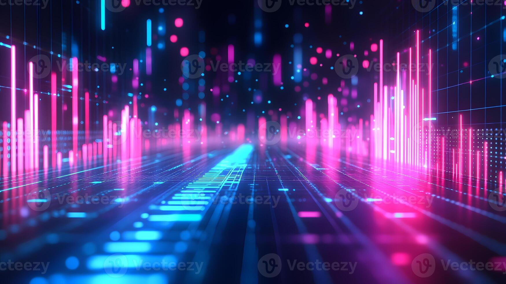 Neon financial chart features pink and blue gradients with upward trends, presented in 3D holographic style with grid perspective floor against dark background. market photo