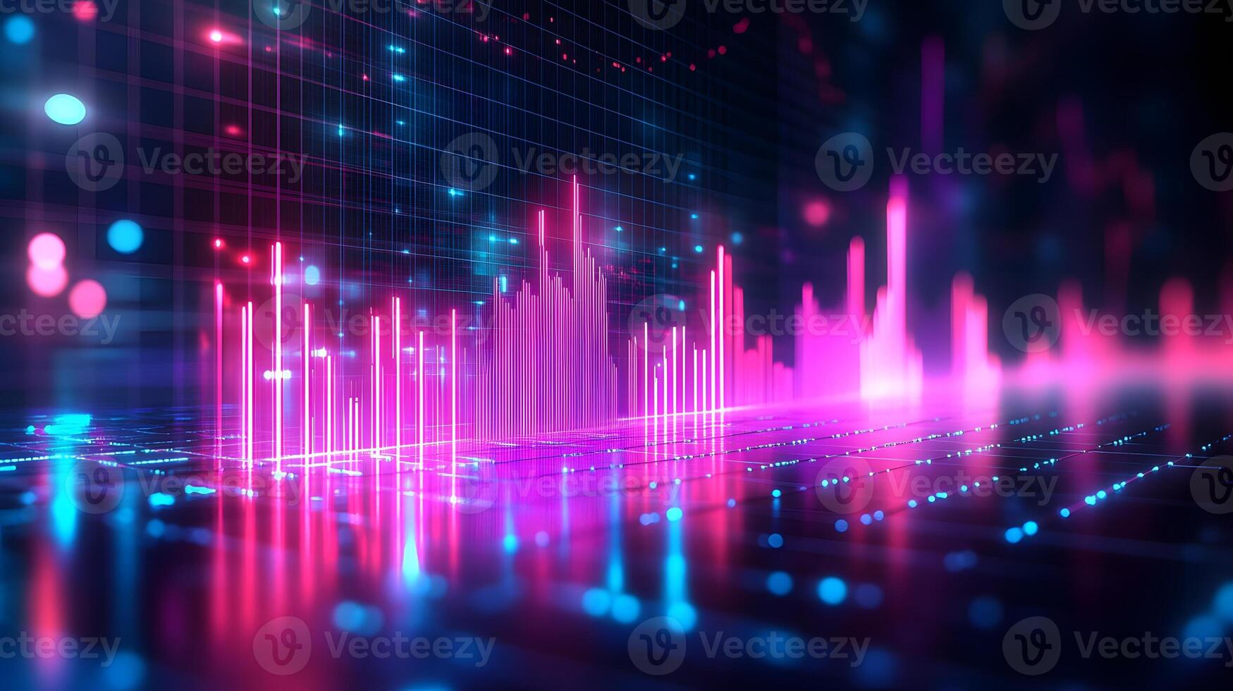 Neon financial chart features pink and blue gradients with upward trends, presented in 3D holographic style with grid perspective floor against dark background. economy photo