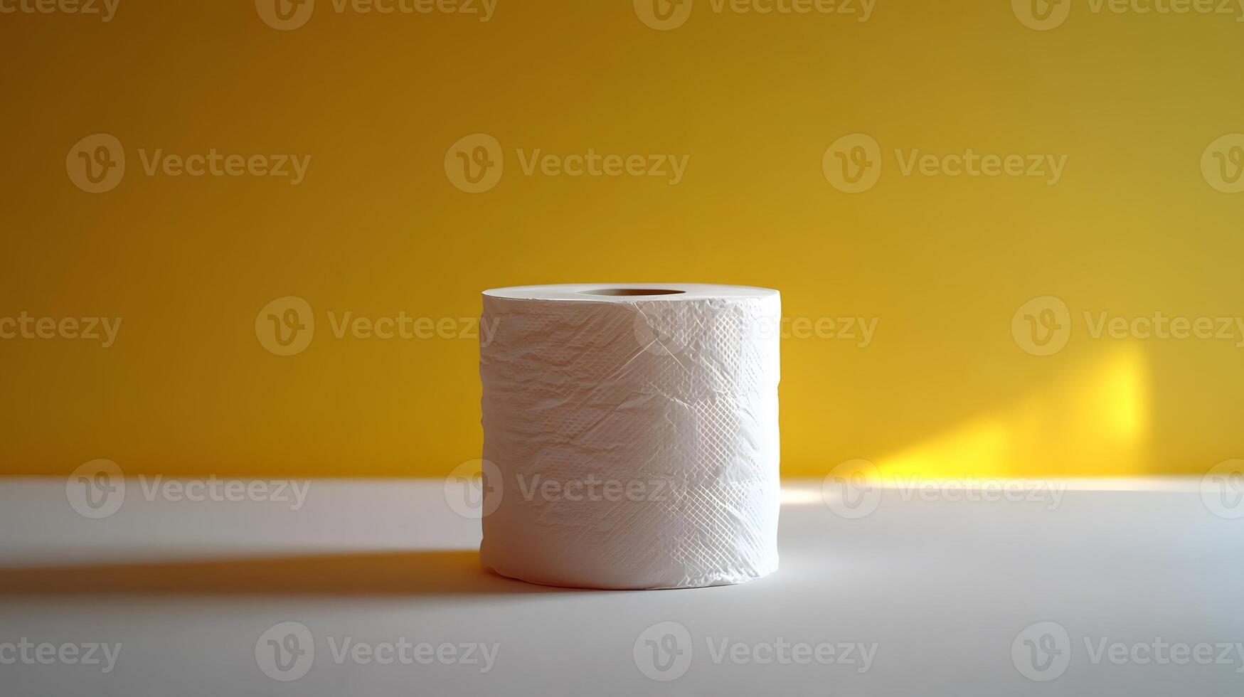 Toilet paper roll positioned against pale yellow backdrop showcases textured paper detail with right-aligned placement and soft shadow effects. roll photo