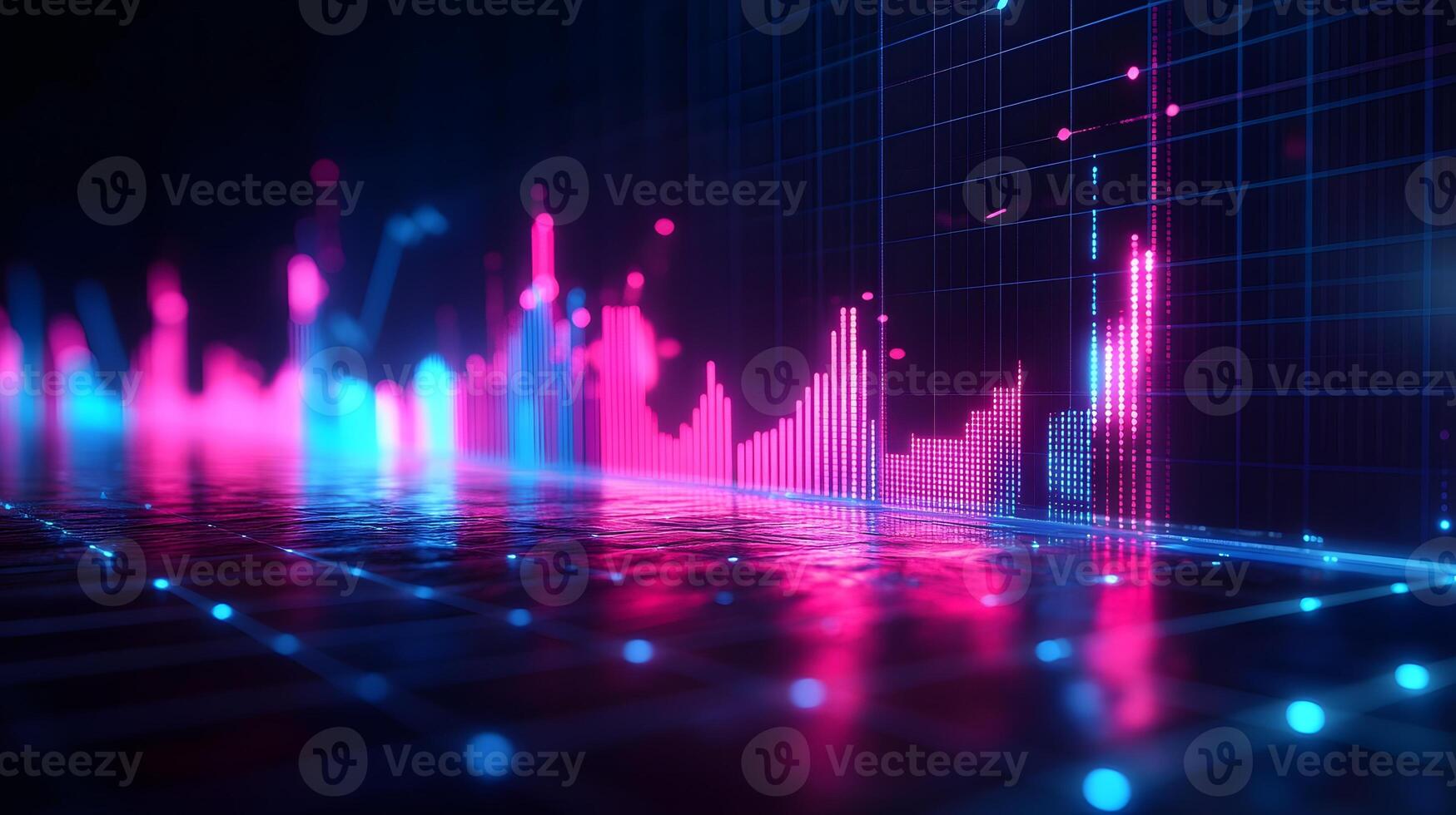 Neon financial chart features pink and blue gradients with upward trends, presented in 3D holographic style with grid perspective floor against dark background. revenue photo