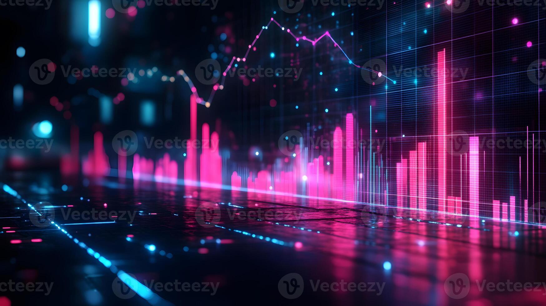 Neon financial chart features pink and blue gradients with upward trends, presented in 3D holographic style with grid perspective floor against dark background. financial photo