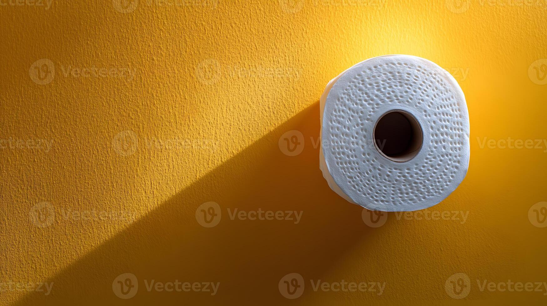 Toilet paper roll positioned against pale yellow backdrop showcases textured paper detail with right-aligned placement and soft shadow effects. shadow photo
