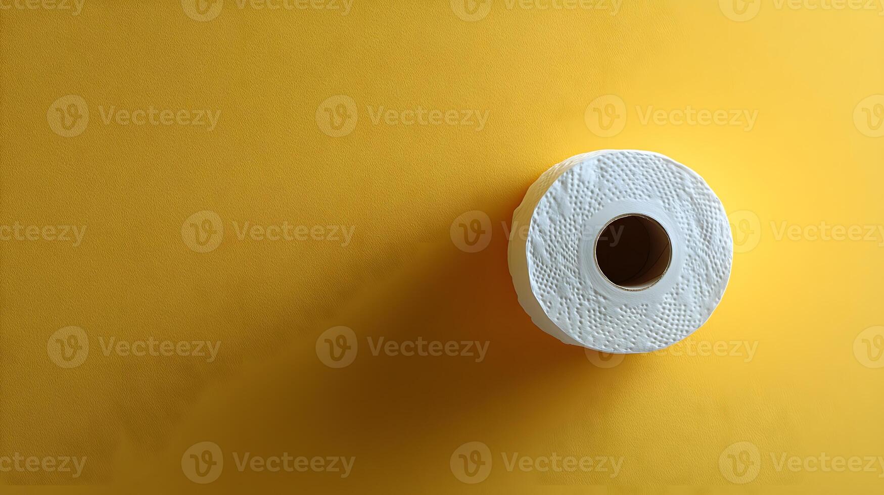 Toilet paper roll positioned against pale yellow backdrop showcases textured paper detail with right-aligned placement and soft shadow effects. household photo