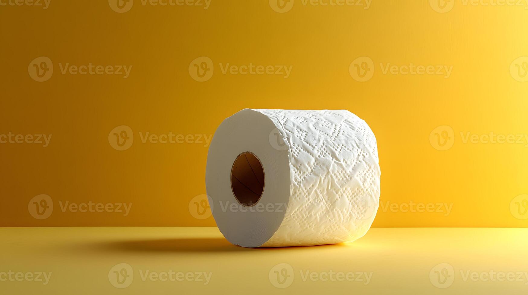 Toilet paper roll positioned against pale yellow backdrop showcases textured paper detail with right-aligned placement and soft shadow effects. necessity photo