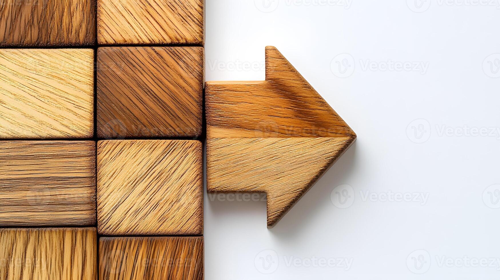 Wooden right arrow constructed from geometric blocks highlights natural grain texture in minimalist design, arranged with light wooden elements on clean white backdrop. joinery photo