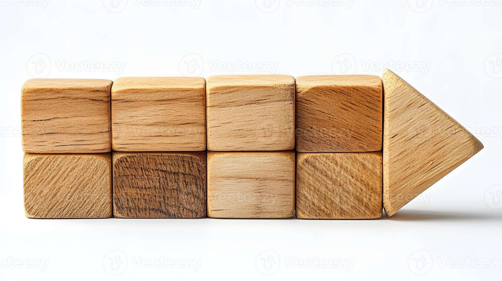 Wooden right arrow constructed from geometric blocks highlights natural grain texture in minimalist design, arranged with light wooden elements on clean white backdrop. natural photo