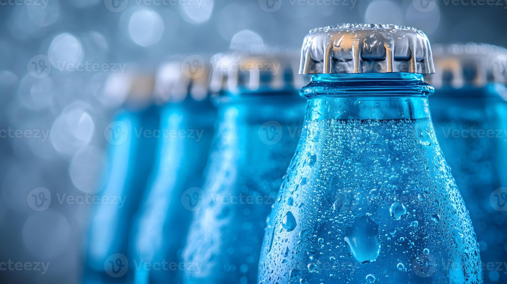 Blue glass soda bottles line up perfectly, displaying carbonated beverages with condensation drops, creating refreshing summer vibes against soft bokeh background. blue photo