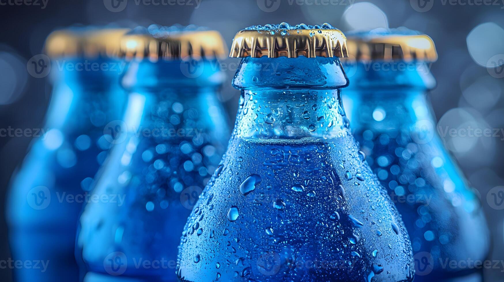 Blue glass soda bottles line up perfectly, displaying carbonated beverages with condensation drops, creating refreshing summer vibes against soft bokeh background. bottles photo
