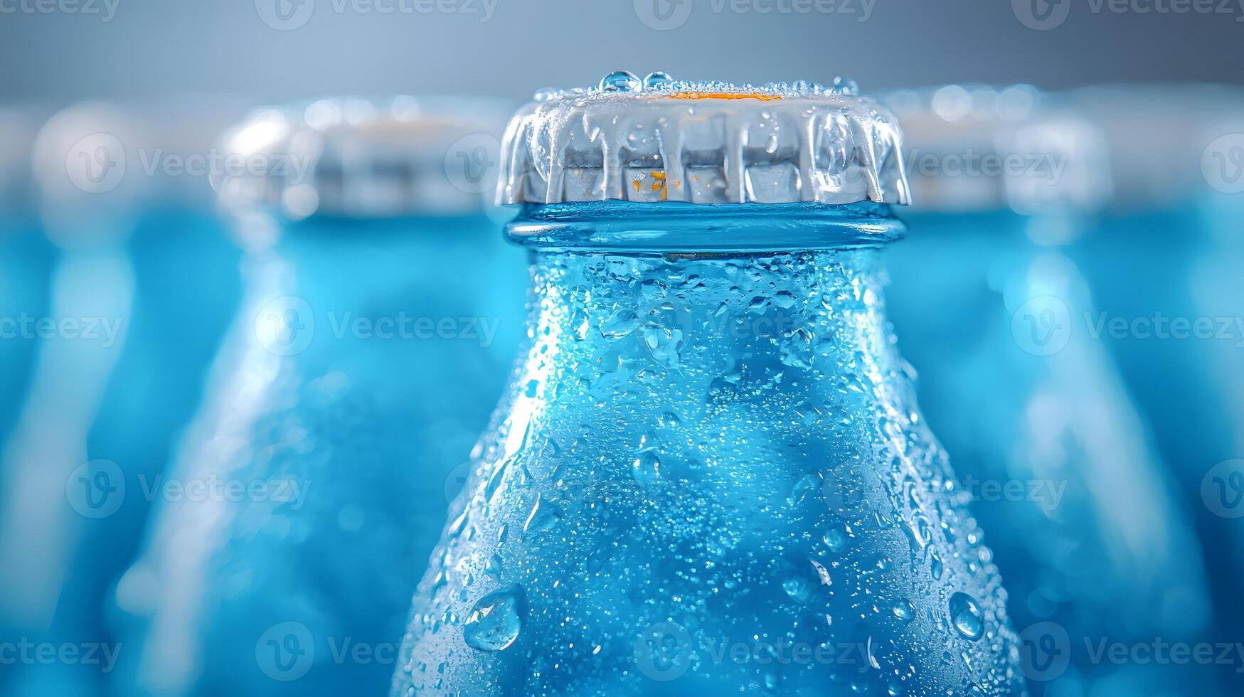 Blue glass soda bottles line up perfectly, displaying carbonated beverages with condensation drops, creating refreshing summer vibes against soft bokeh background. beverages photo
