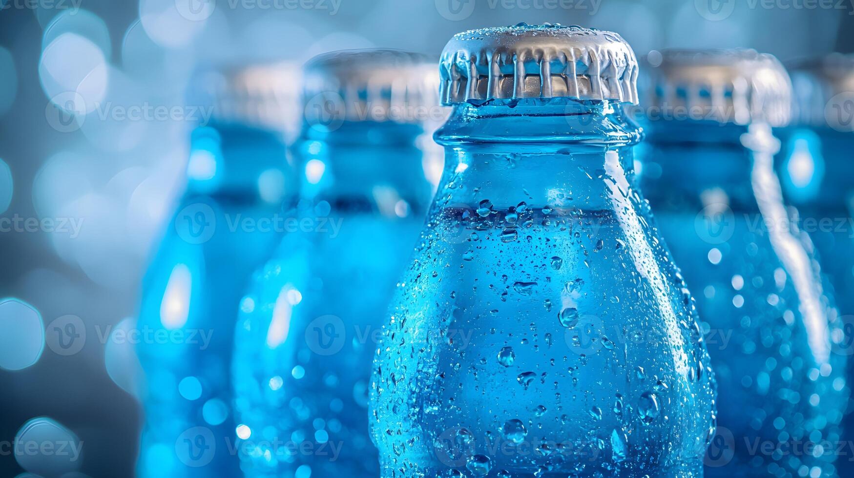 Blue glass soda bottles line up perfectly, displaying carbonated beverages with condensation drops, creating refreshing summer vibes against soft bokeh background. refreshing photo