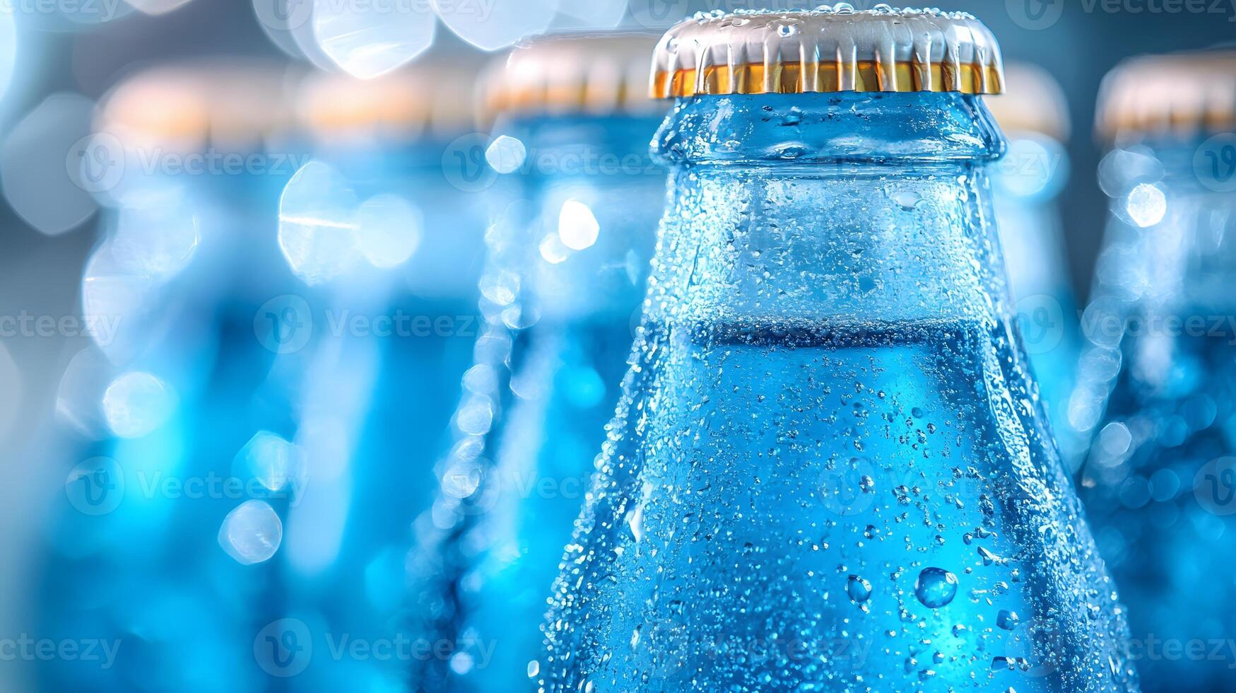 Blue glass soda bottles line up perfectly, displaying carbonated beverages with condensation drops, creating refreshing summer vibes against soft bokeh background. drinks photo