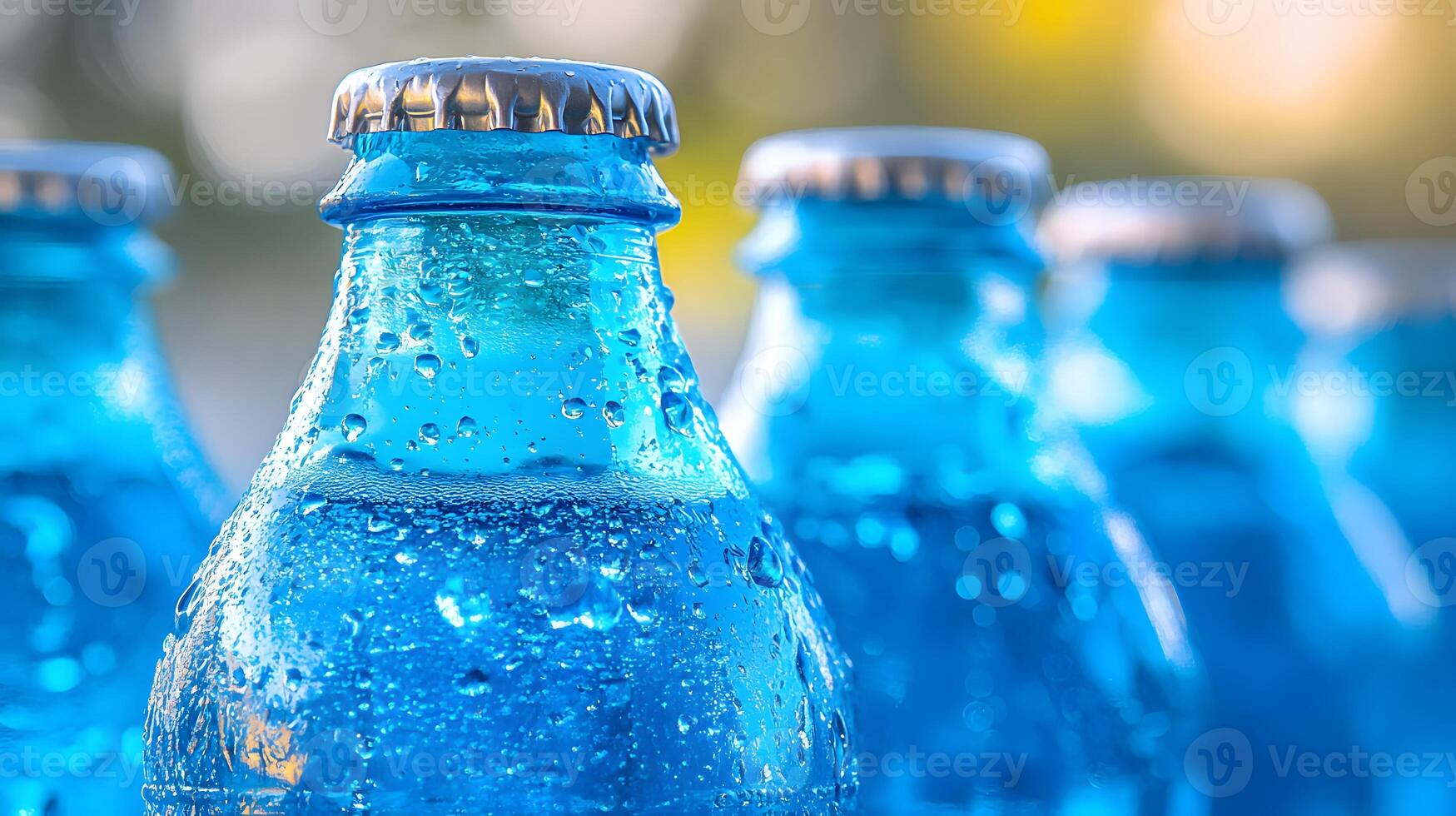 Blue glass soda bottles line up perfectly, displaying carbonated beverages with condensation drops, creating refreshing summer vibes against soft bokeh background. liquid photo