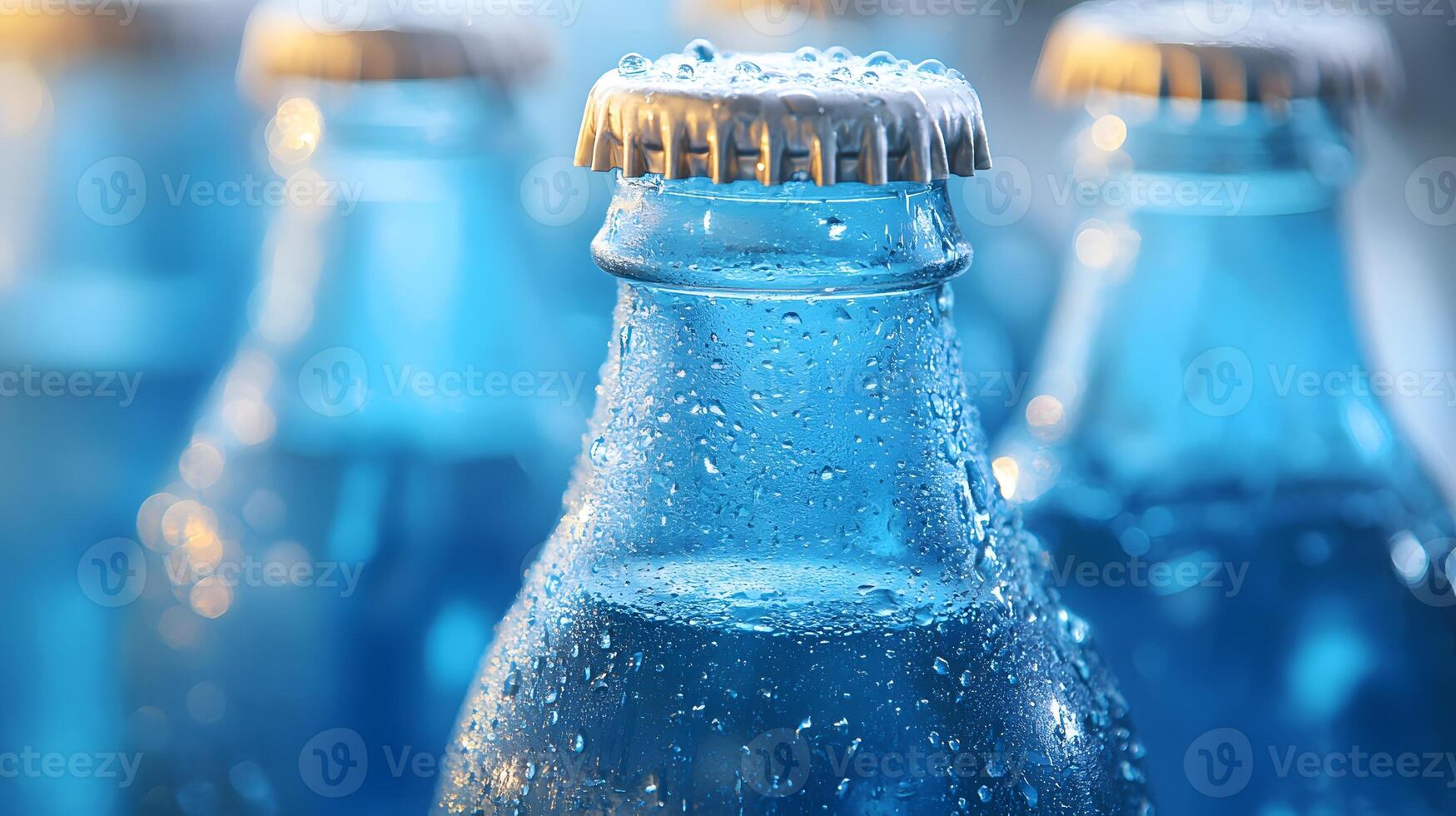 Blue glass soda bottles line up perfectly, displaying carbonated beverages with condensation drops, creating refreshing summer vibes against soft bokeh background. summer photo