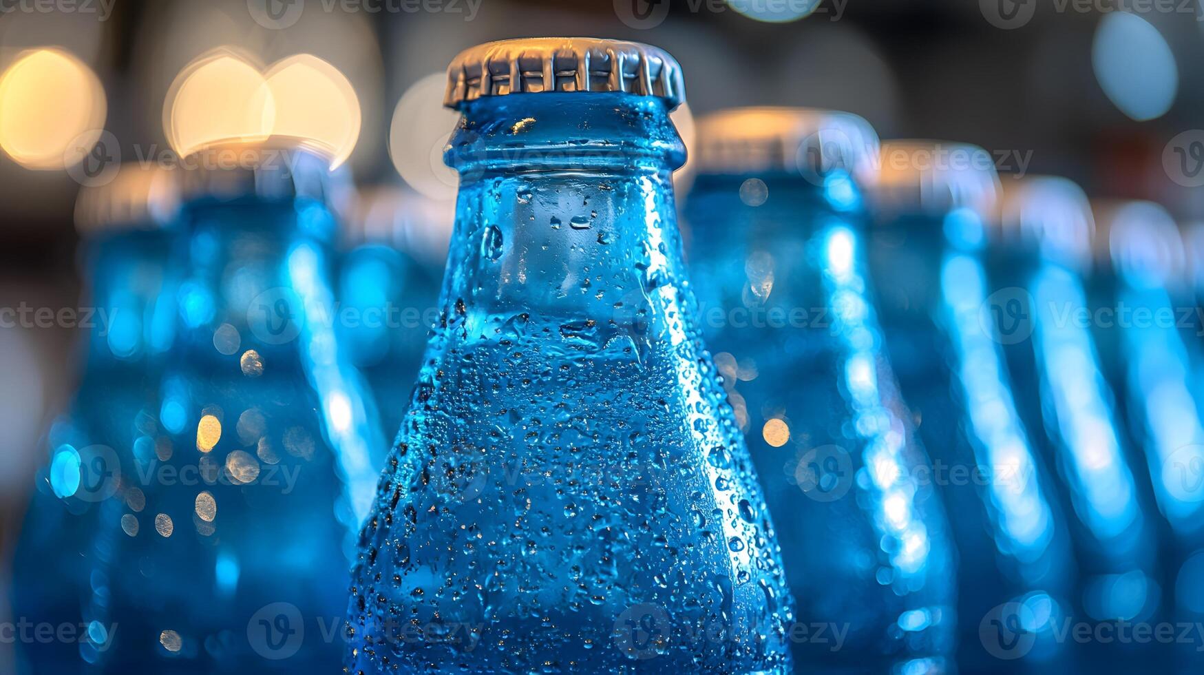 Blue glass soda bottles line up perfectly, displaying carbonated beverages with condensation drops, creating refreshing summer vibes against soft bokeh background. thirstquenching photo