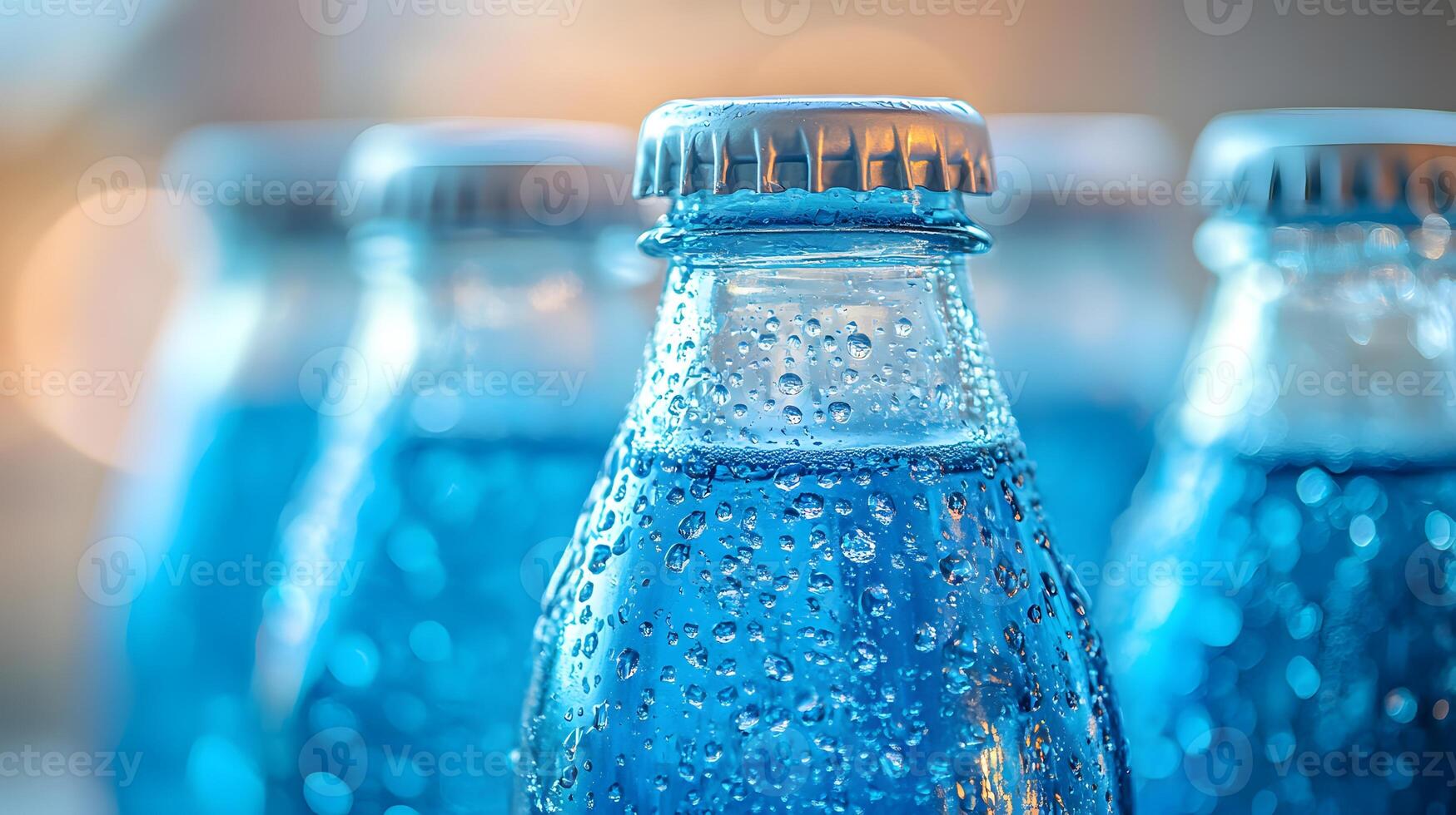 Blue glass soda bottles line up perfectly, displaying carbonated beverages with condensation drops, creating refreshing summer vibes against soft bokeh background. container photo
