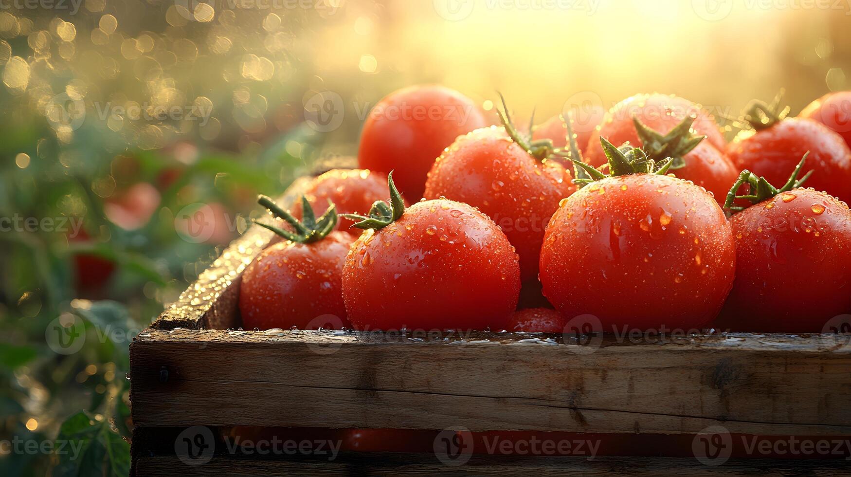 Ripe tomatoes nestle in wooden crate with farm field backdrop, showcasing vibrant red colors and morning dew drops in golden hour lighting with rustic wooden textures. red photo