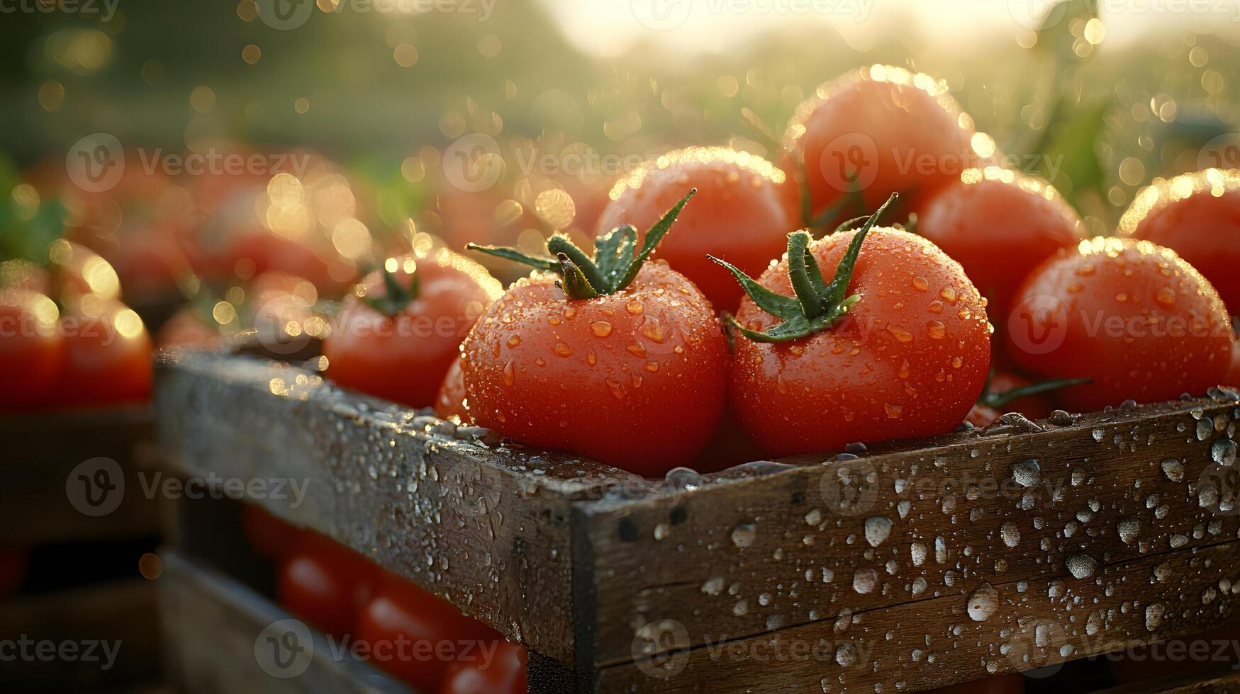 Ripe tomatoes nestle in wooden crate with farm field backdrop, showcasing vibrant red colors and morning dew drops in golden hour lighting with rustic wooden textures. farm photo