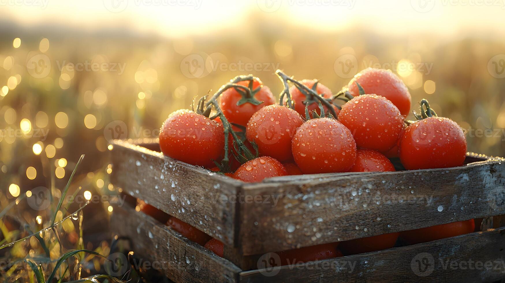 Ripe tomatoes nestle in wooden crate with farm field backdrop, showcasing vibrant red colors and morning dew drops in golden hour lighting with rustic wooden textures. dew photo