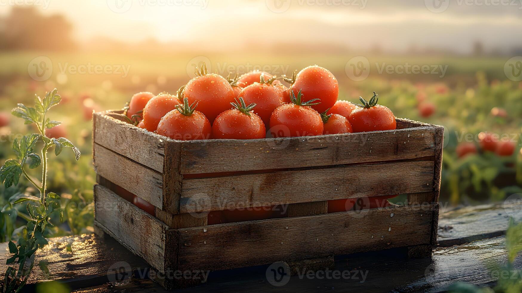 Ripe tomatoes nestle in wooden crate with farm field backdrop, showcasing vibrant red colors and morning dew drops in golden hour lighting with rustic wooden textures. hour photo