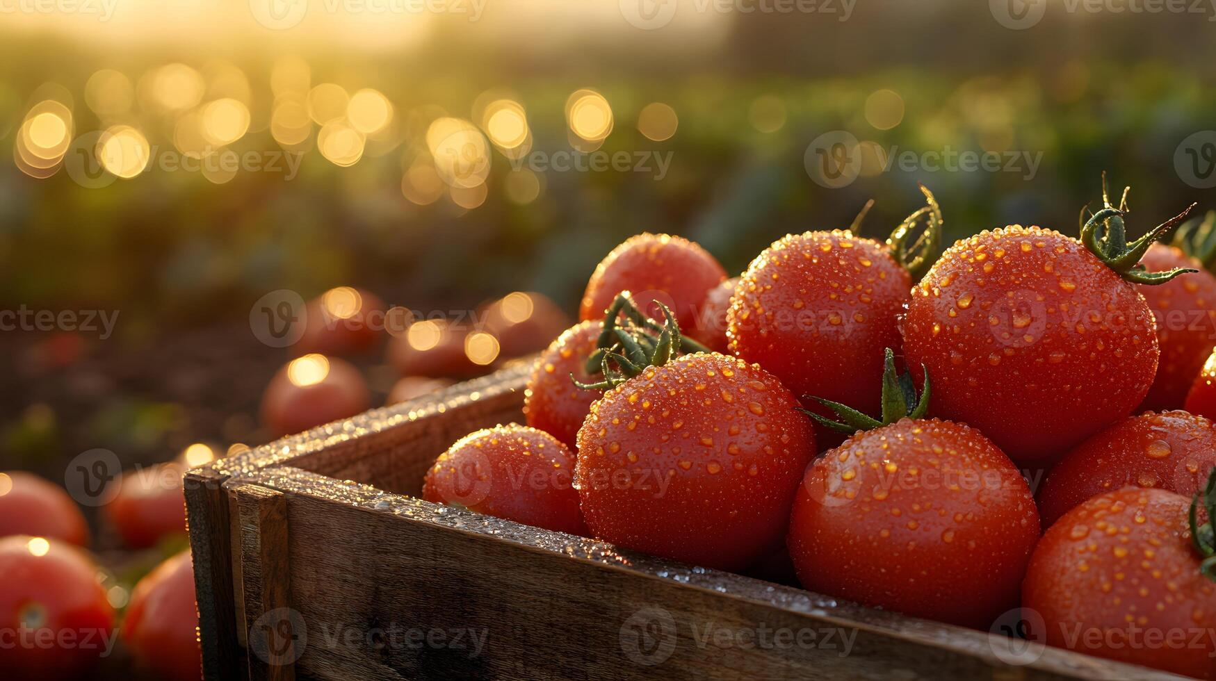 Ripe tomatoes nestle in wooden crate with farm field backdrop, showcasing vibrant red colors and morning dew drops in golden hour lighting with rustic wooden textures. organic photo