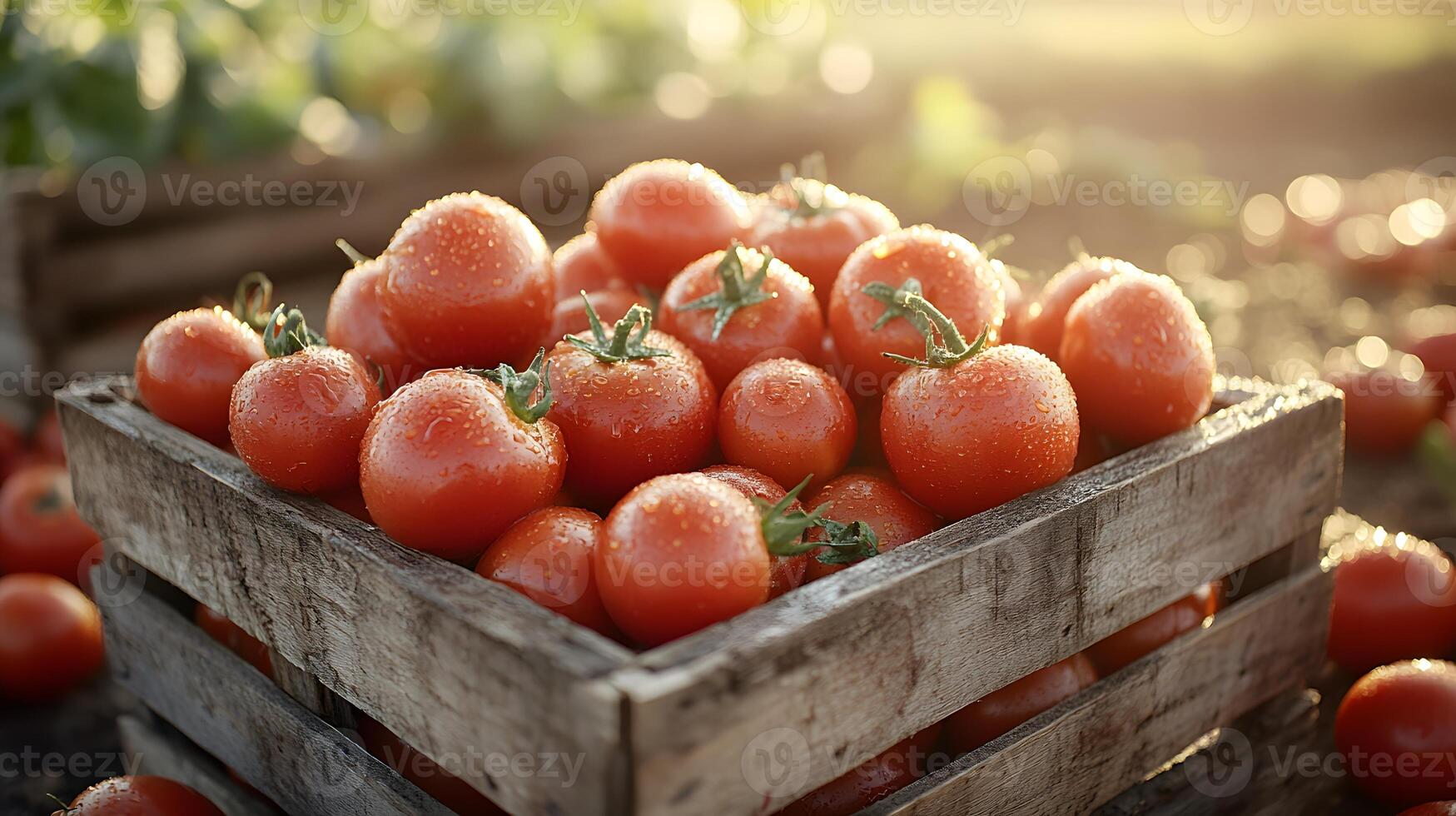 Ripe tomatoes nestle in wooden crate with farm field backdrop, showcasing vibrant red colors and morning dew drops in golden hour lighting with rustic wooden textures. vegetables photo
