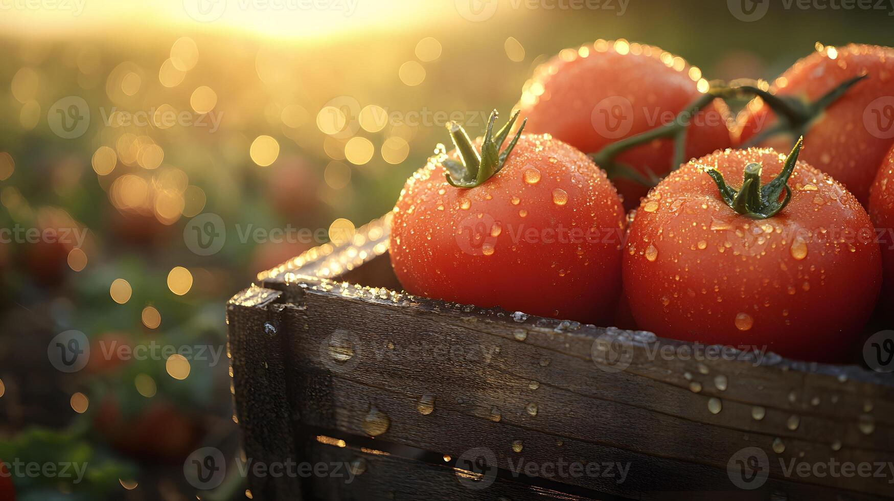 Ripe tomatoes nestle in wooden crate with farm field backdrop, showcasing vibrant red colors and morning dew drops in golden hour lighting with rustic wooden textures. produce photo