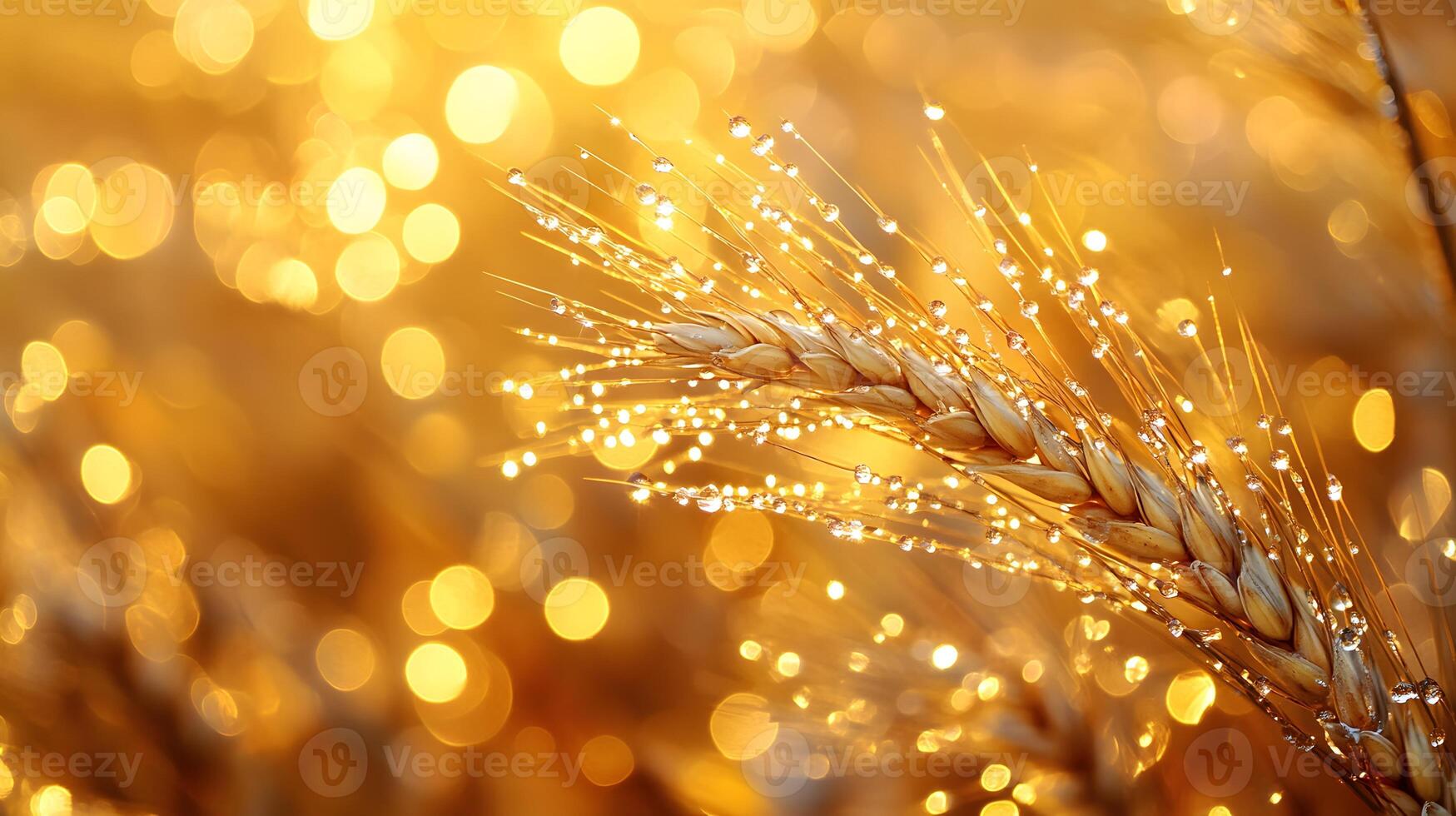 Wheat stalks glisten with morning dew drops against sunrise backlight, creating dramatic natural scene with golden hues in pristine agricultural landscape. sunrise photo