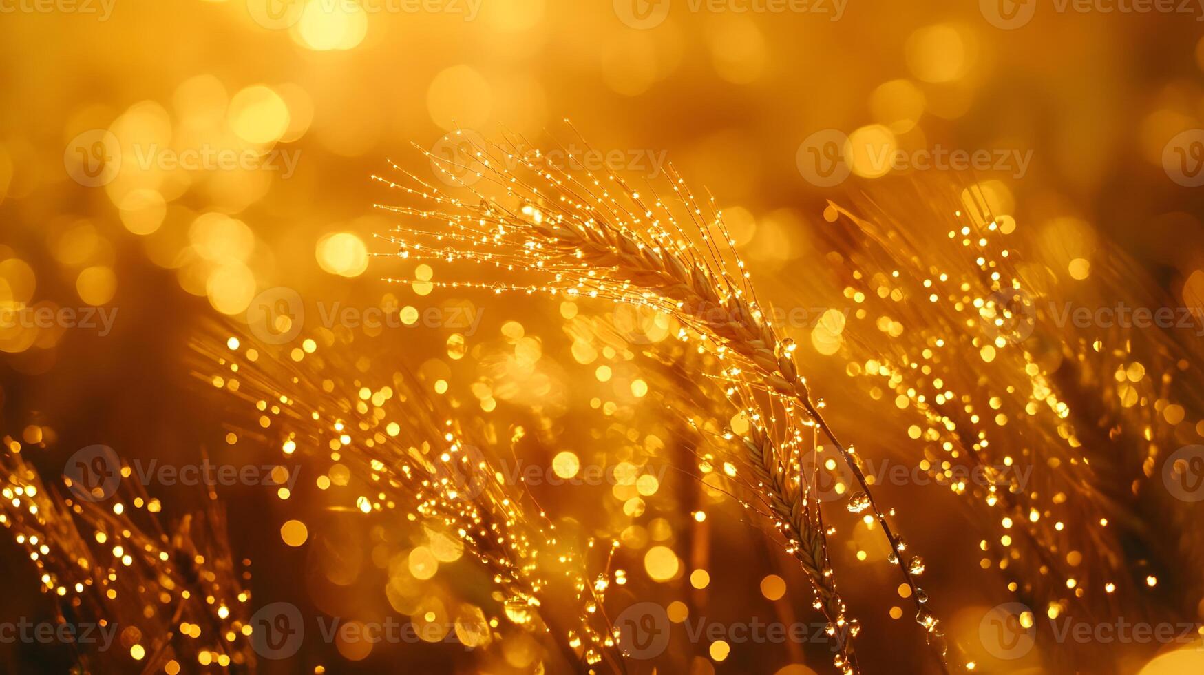 Wheat stalks glisten with morning dew drops against sunrise backlight, creating dramatic natural scene with golden hues in pristine agricultural landscape. natural photo