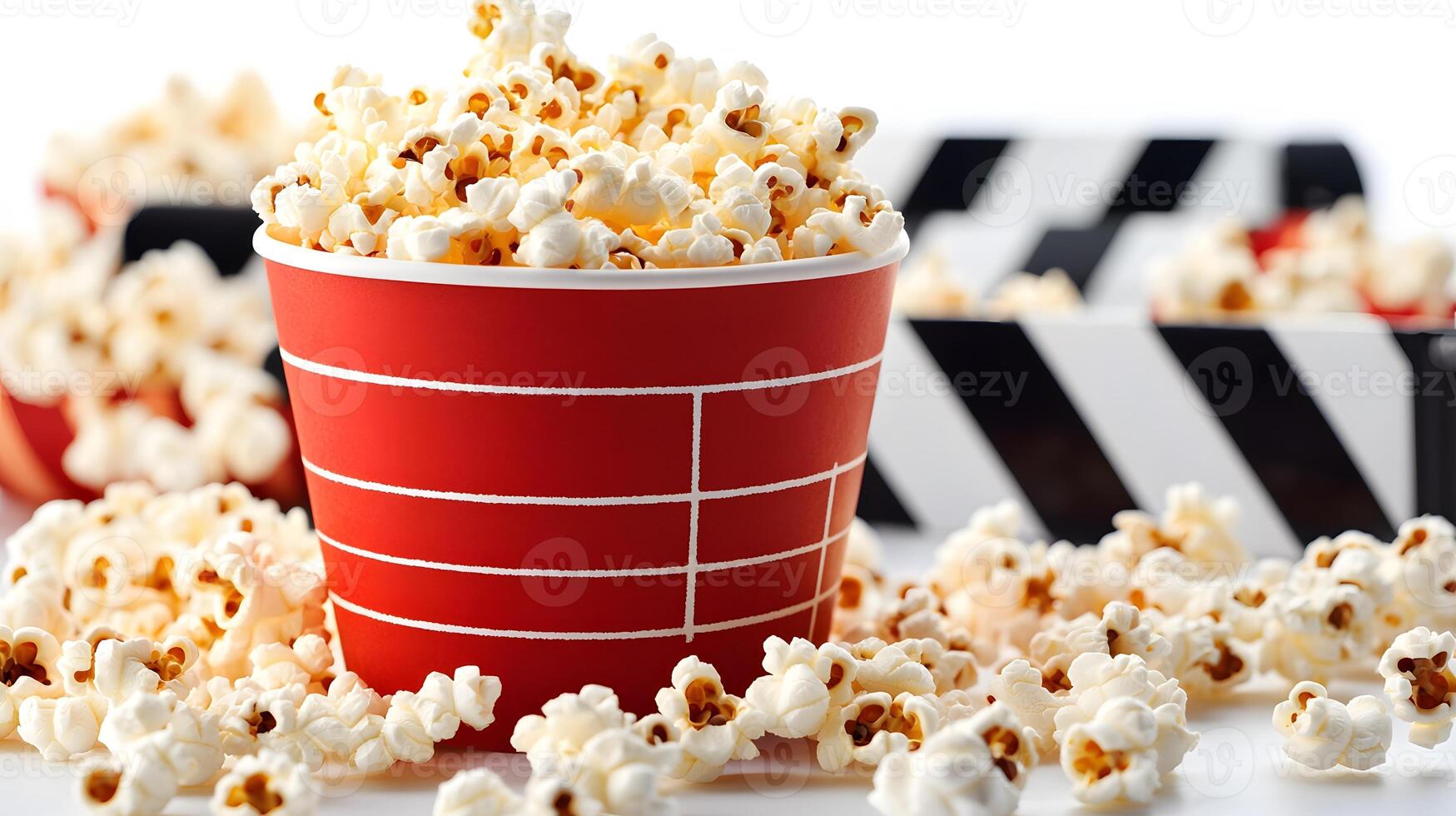 Movie clapperboard pairs with red popcorn bucket against pure white background, creating classic cinema theme with scattered kernels and crisp details. cut photo