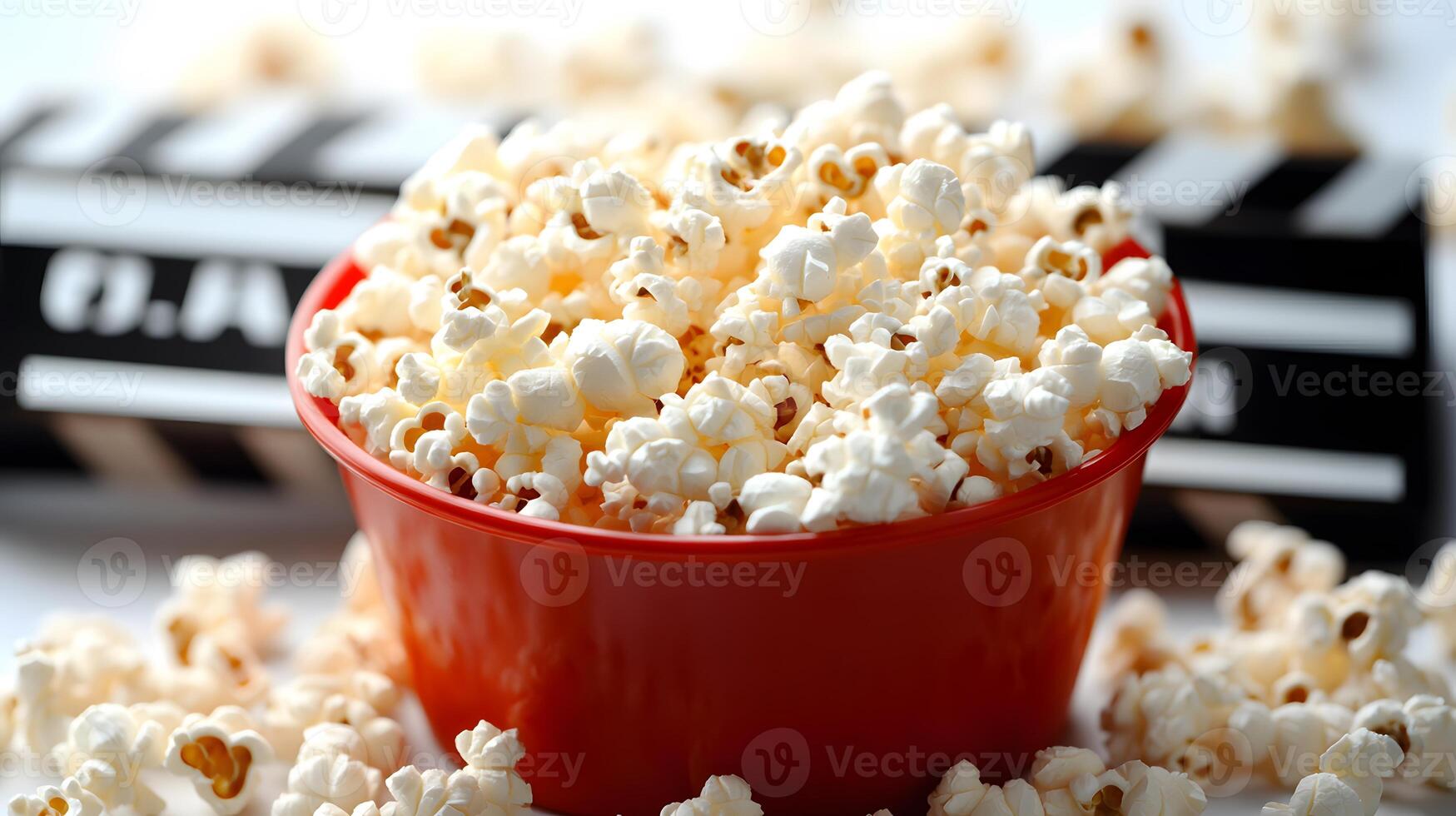 Movie clapperboard pairs with red popcorn bucket against pure white background, creating classic cinema theme with scattered kernels and crisp details. movie photo