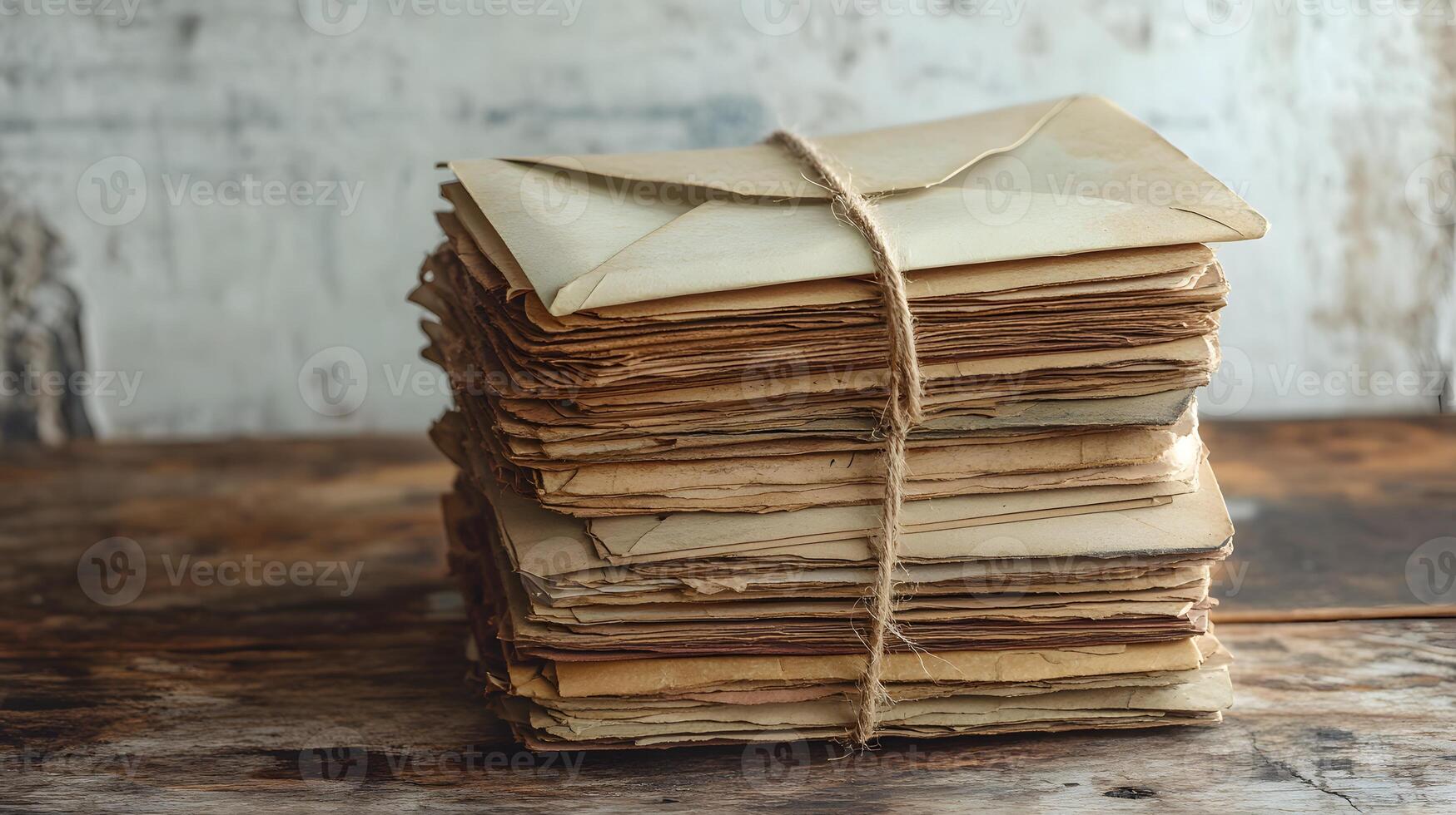 Vintage envelopes bound with twine string rest on rustic wooden table, capturing nostalgic postal theme with atmospheric detail against white wall backdrop. classic photo