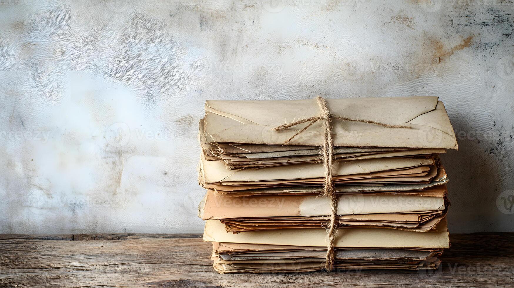 Vintage envelopes bound with twine string rest on rustic wooden table, capturing nostalgic postal theme with atmospheric detail against white wall backdrop. mail photo