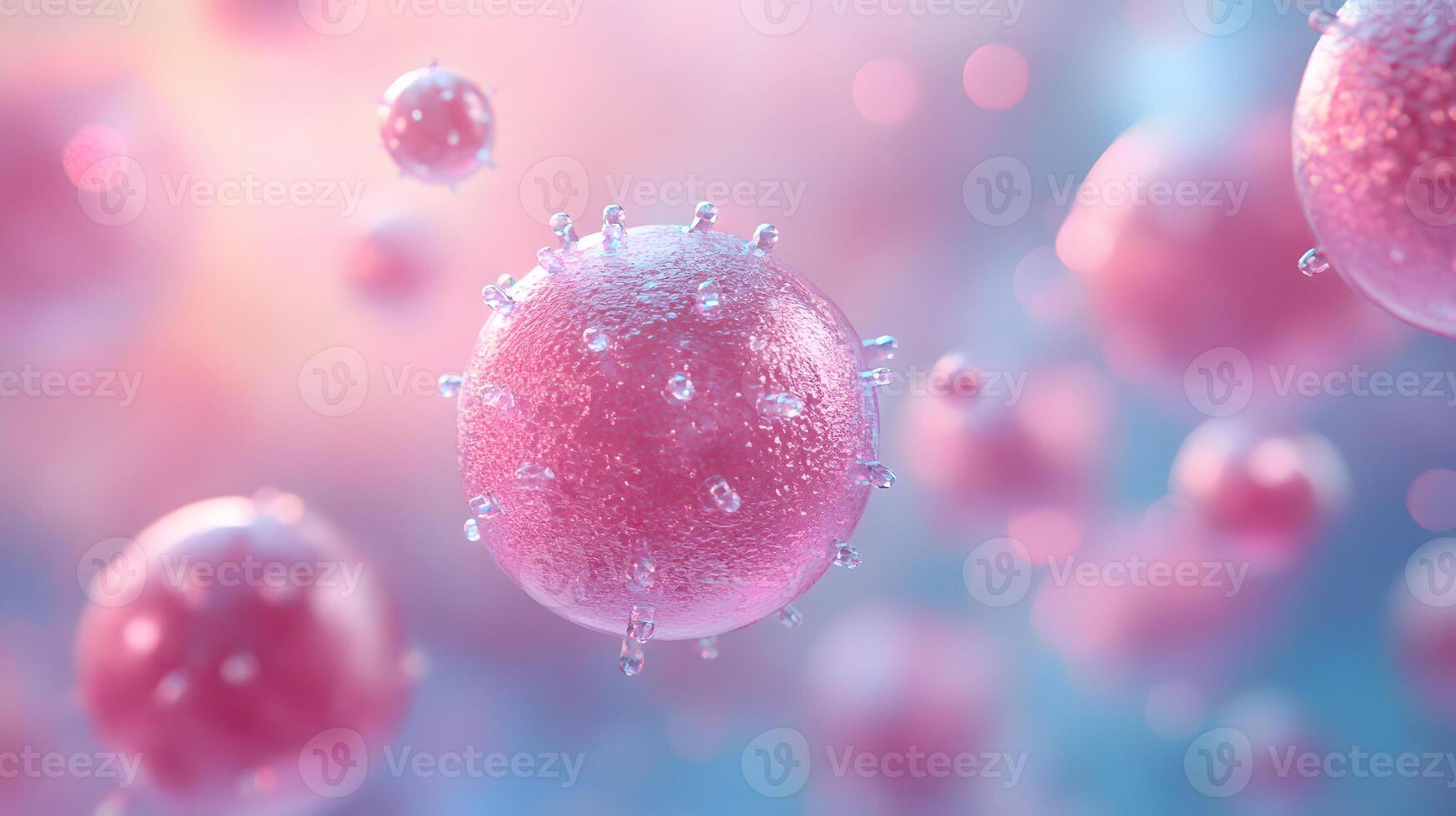 Pink coronavirus cell structure floats with detailed spikes against blurred backdrop, presenting scientific visualization in soft pink and blue molecular illustration. cellular photo
