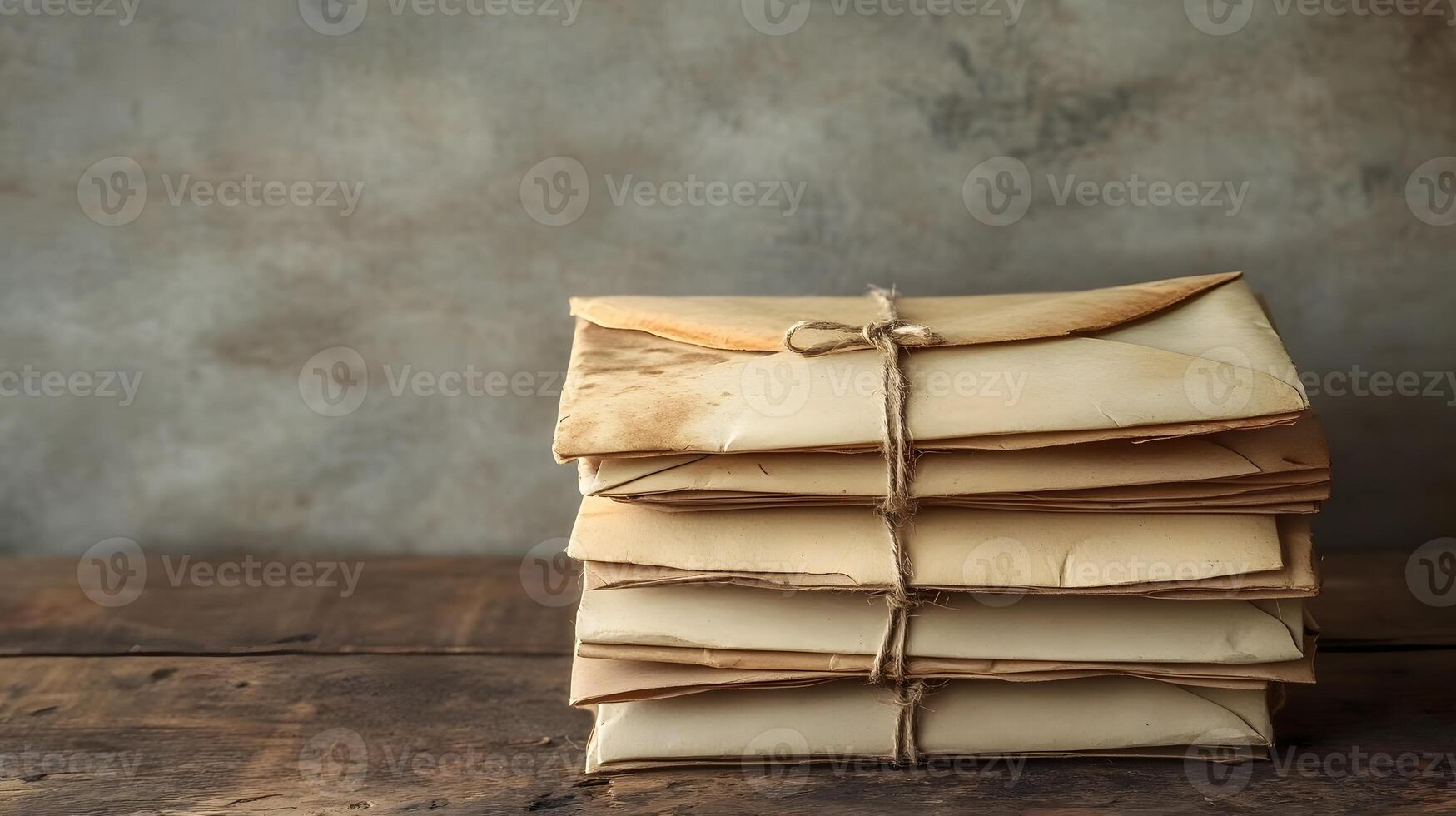 Vintage envelopes bound with twine string rest on rustic wooden table, capturing nostalgic postal theme with atmospheric detail against white wall backdrop. paper photo