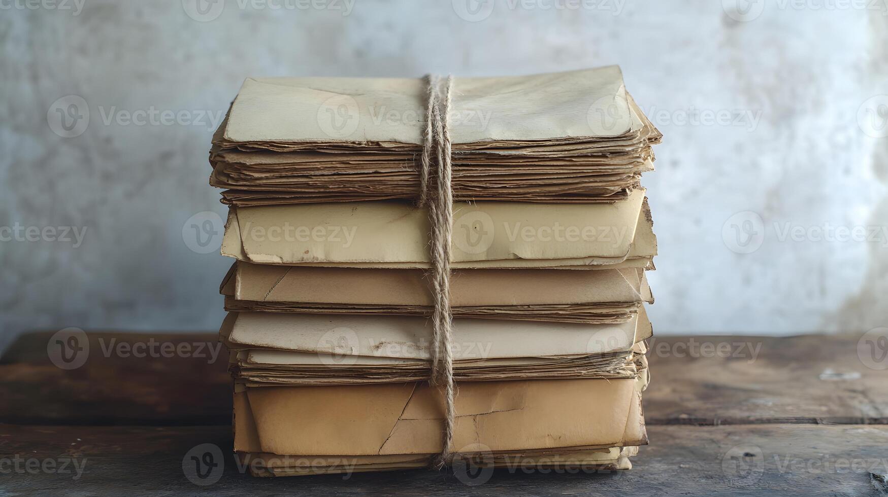 Vintage envelopes bound with twine string rest on rustic wooden table, capturing nostalgic postal theme with atmospheric detail against white wall backdrop. communication photo