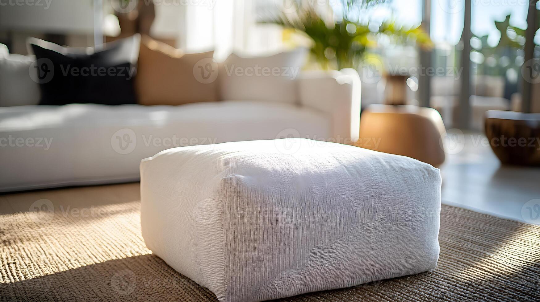 Modern white fabric ottoman showcases clean lines and linen texture against blurred indoor setting, embodying minimalist design with sophisticated lighting. design photo