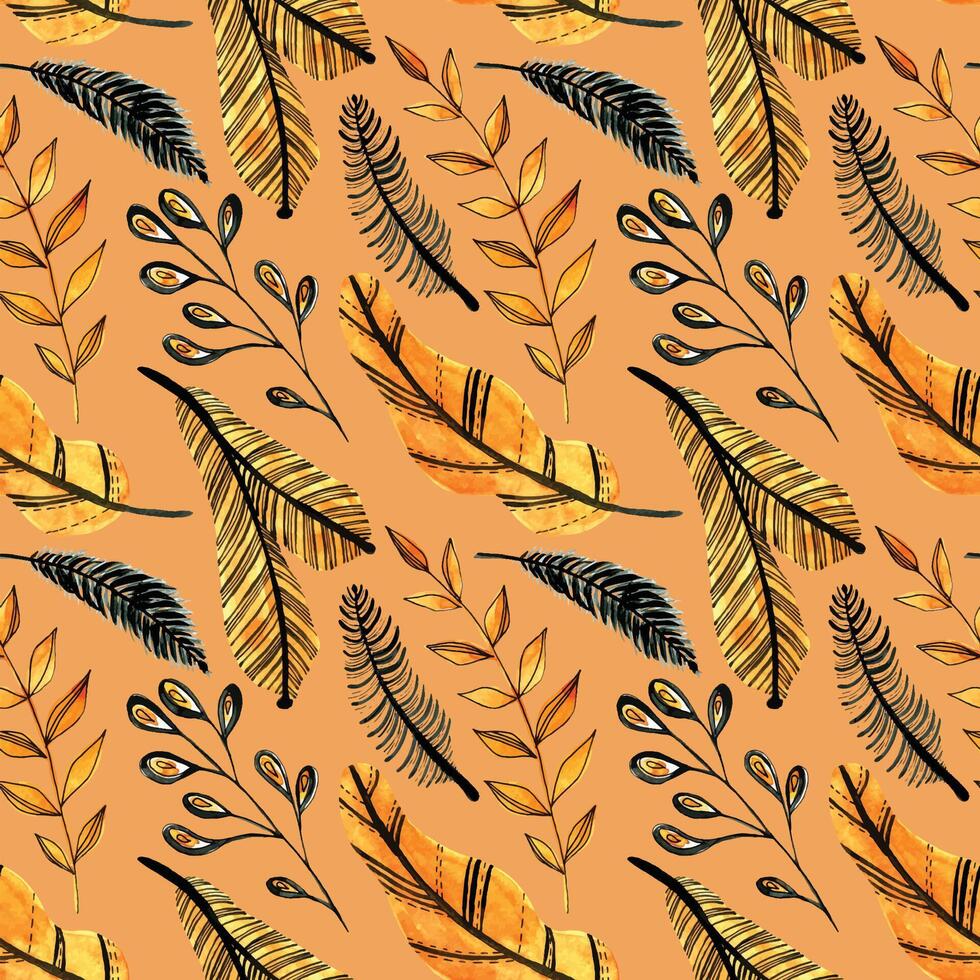 Watercolor seamless pattern with orange and black leaves on the orange background. Christmas tree branch pattern. Perfect for greeting cards, invitation, wrapping paper, textile vector