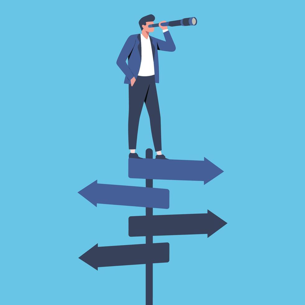 Businessman with Telescope at Crossroads, Exploring Opportunities vector