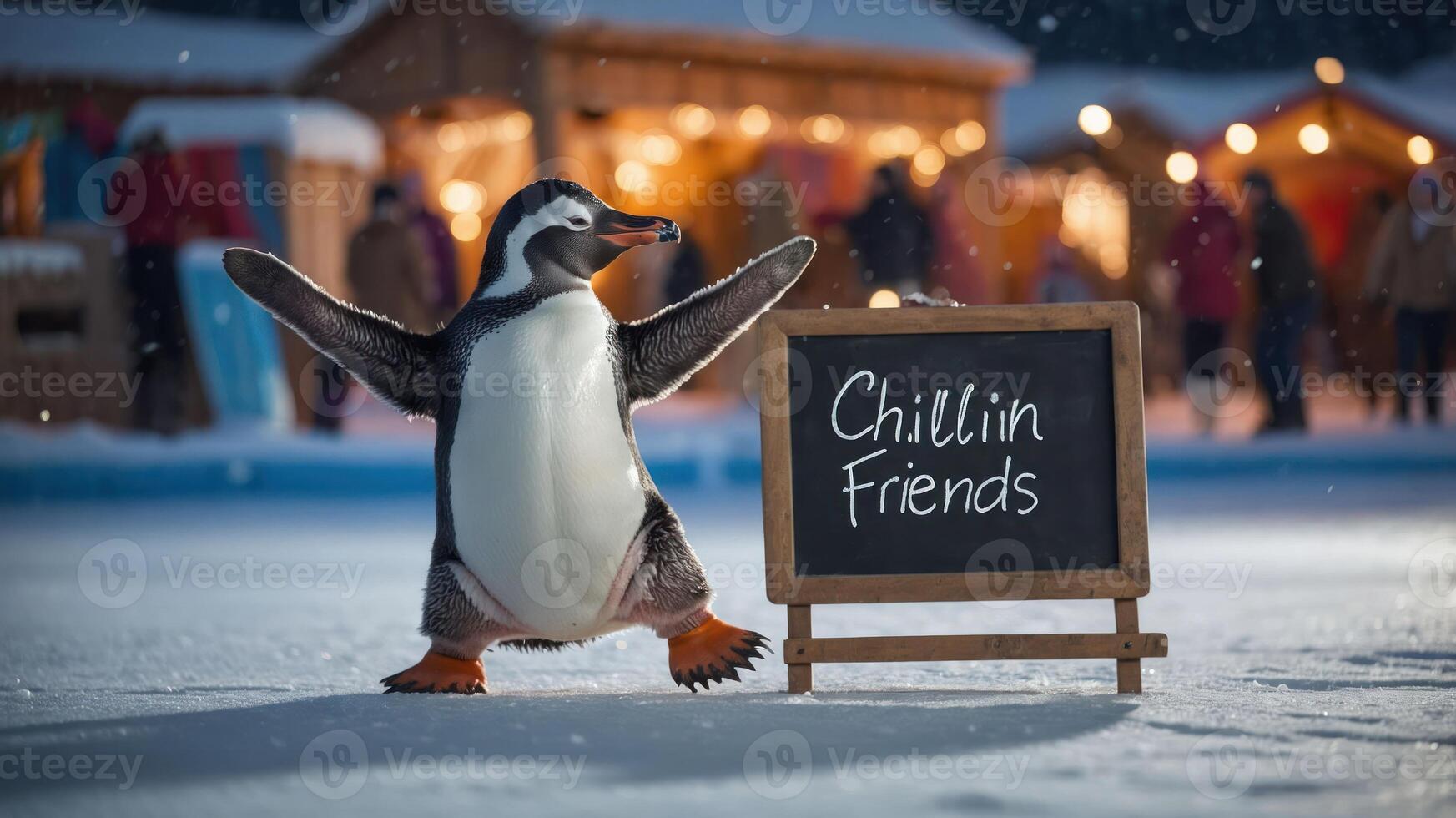A cheerful penguin stands beside a chalkboard sign saying Chillin Friends in a snowy setting nature photo