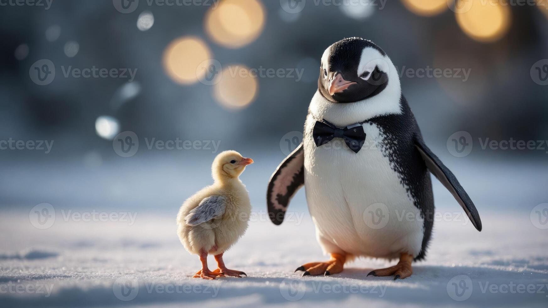 A penguin in a bow tie stands beside a fluffy chick in a snowy landscape, evoking charm. photo