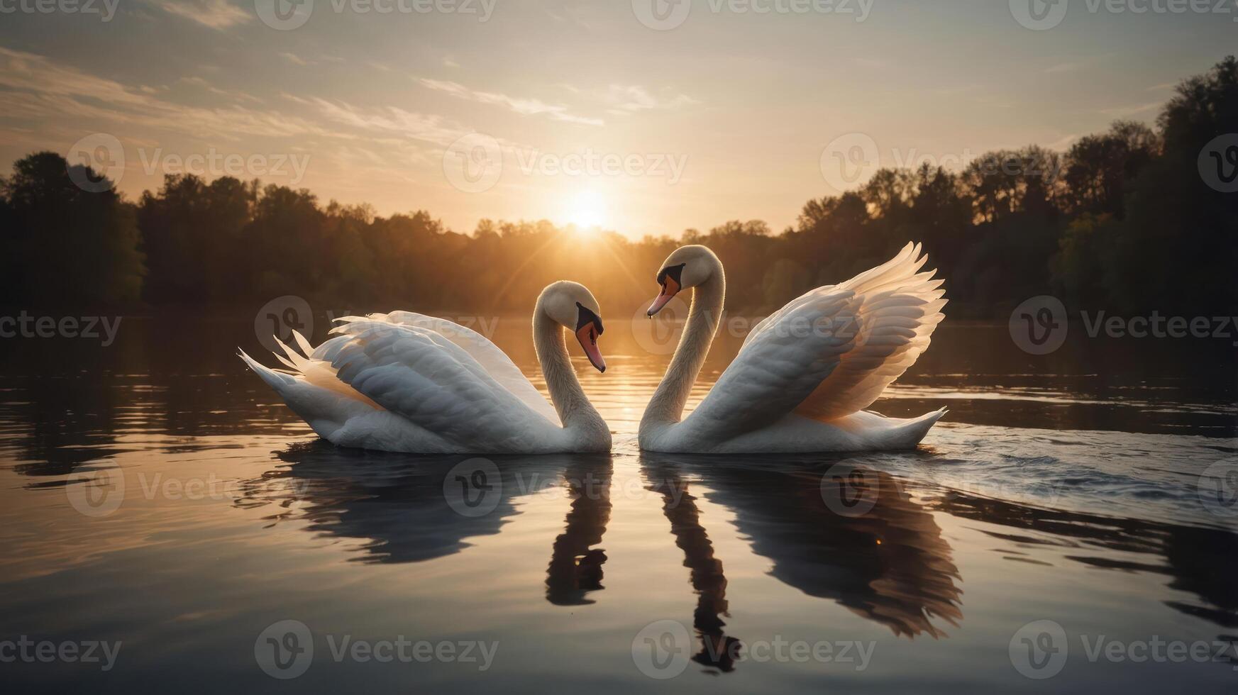 Two swans gracefully swimming at sunset, reflecting on a serene lake. photo