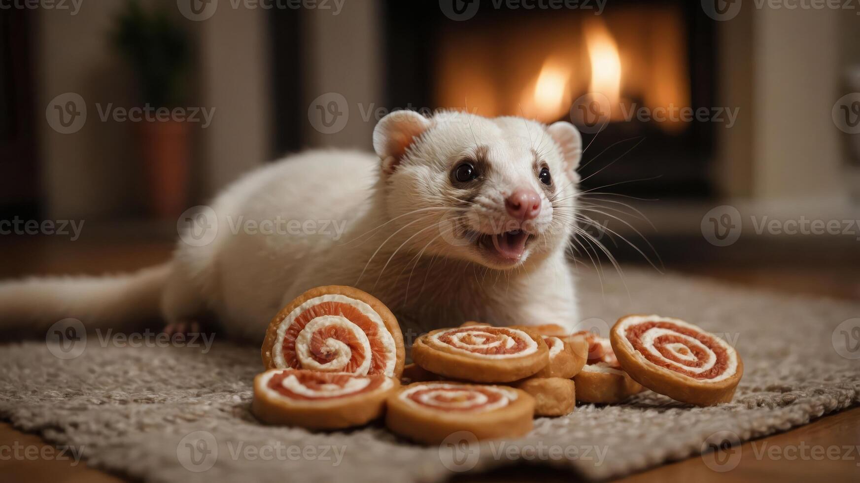 A playful white ferret surrounded by spiral cookies in a cozy setting. photo