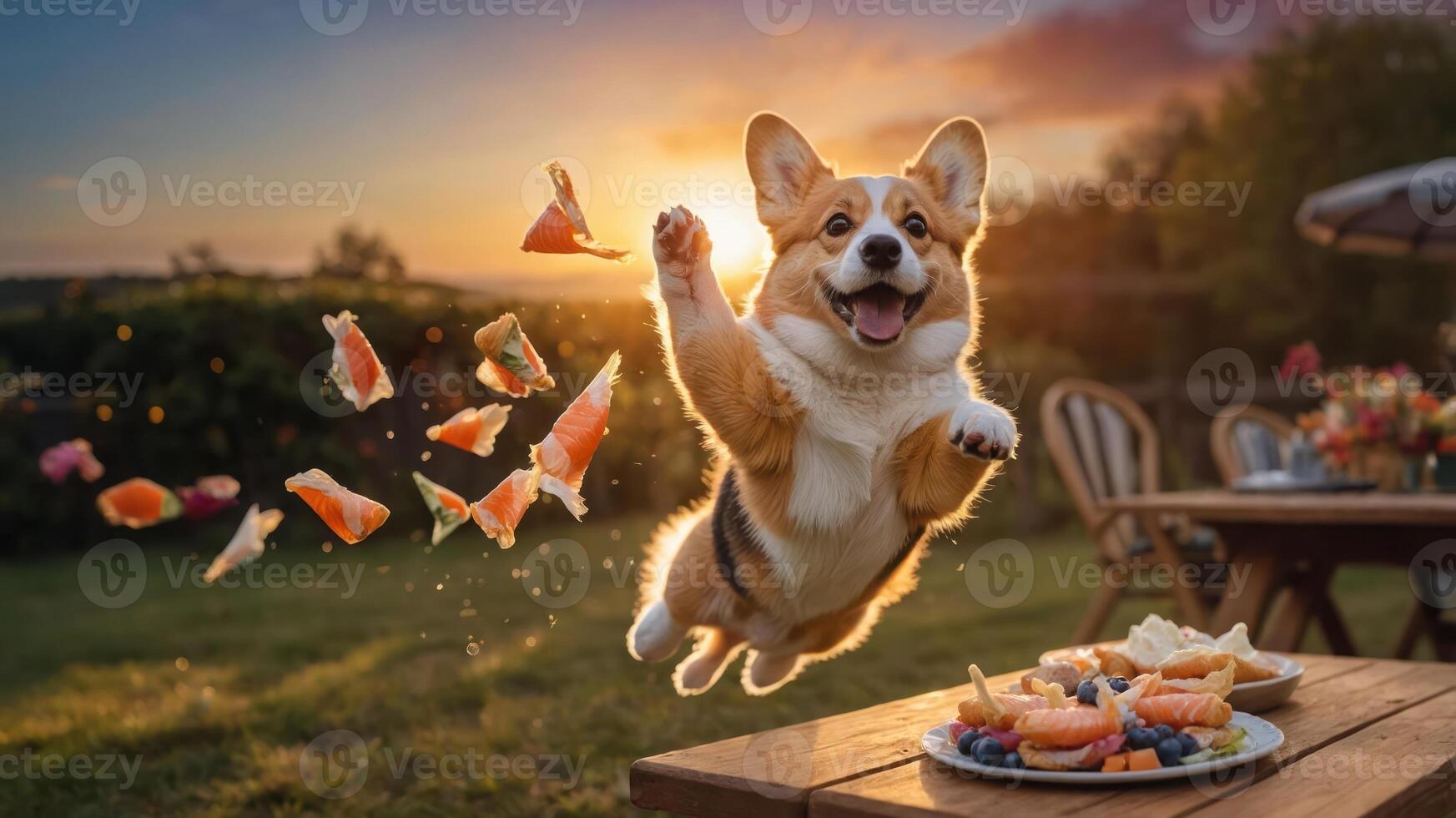 A playful corgi leaps towards scattered food at sunset in a garden setting. photo